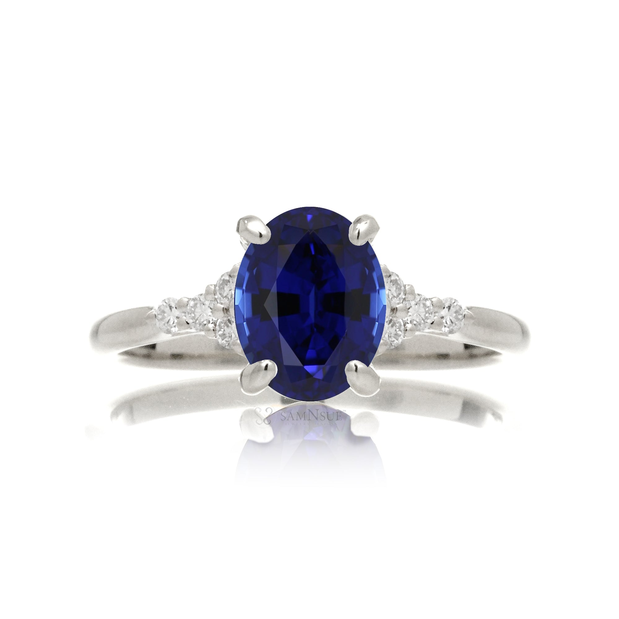 Oval blue sapphire ring in white gold with side diamonds all natural - the Chloe ring