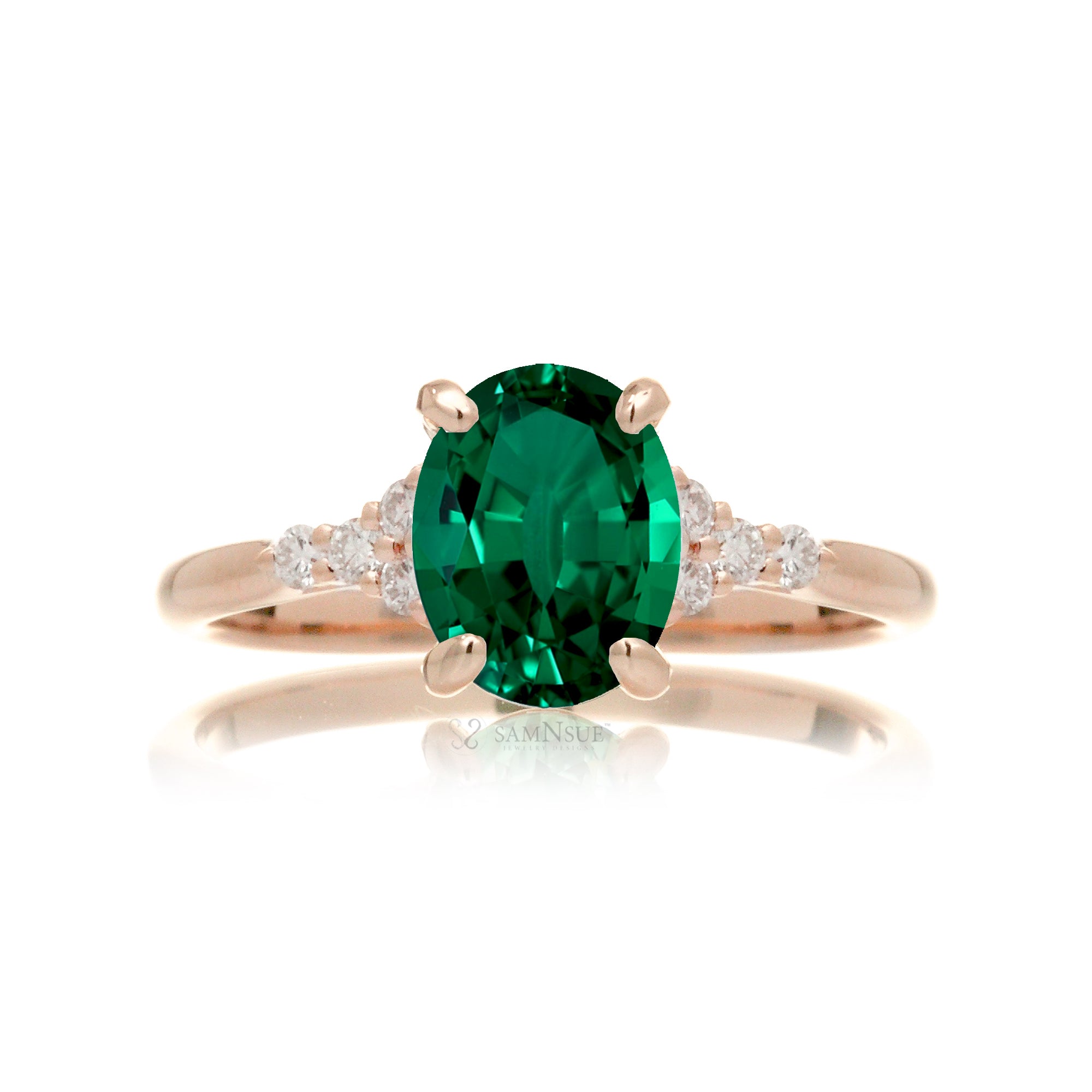 Oval green emerald ring in rose gold with side diamonds all natural - the Chloe ring