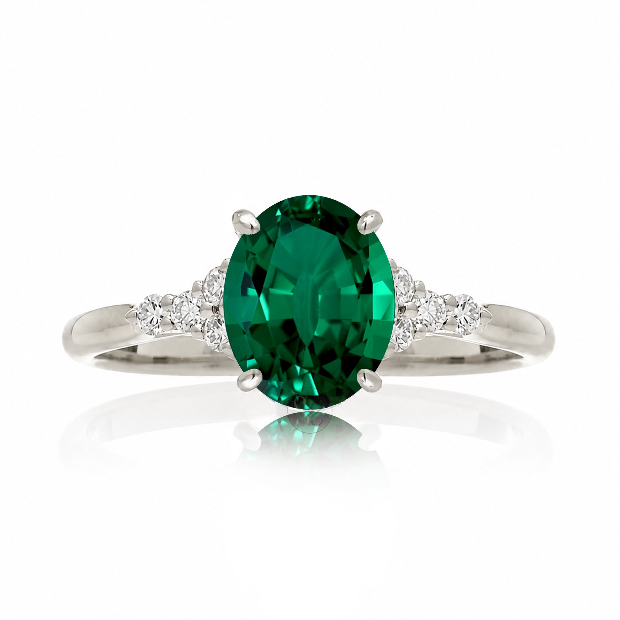 Oval green emerald ring in white gold with side diamonds all natural - the Chloe ring