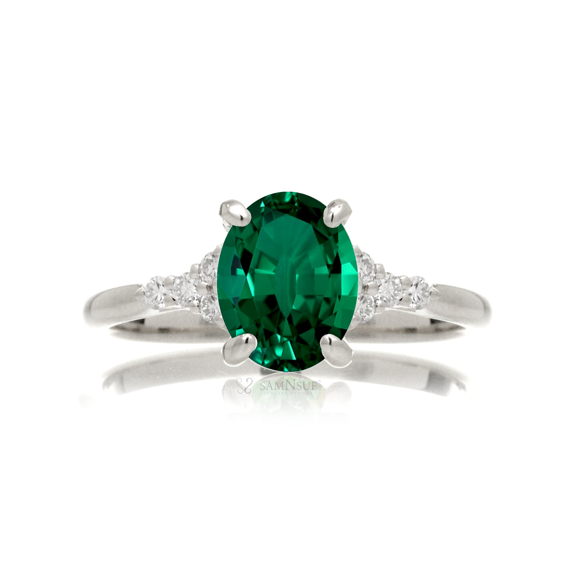Oval Lab Created Emerald Engagement Ring Solitaire With Diamond Accent