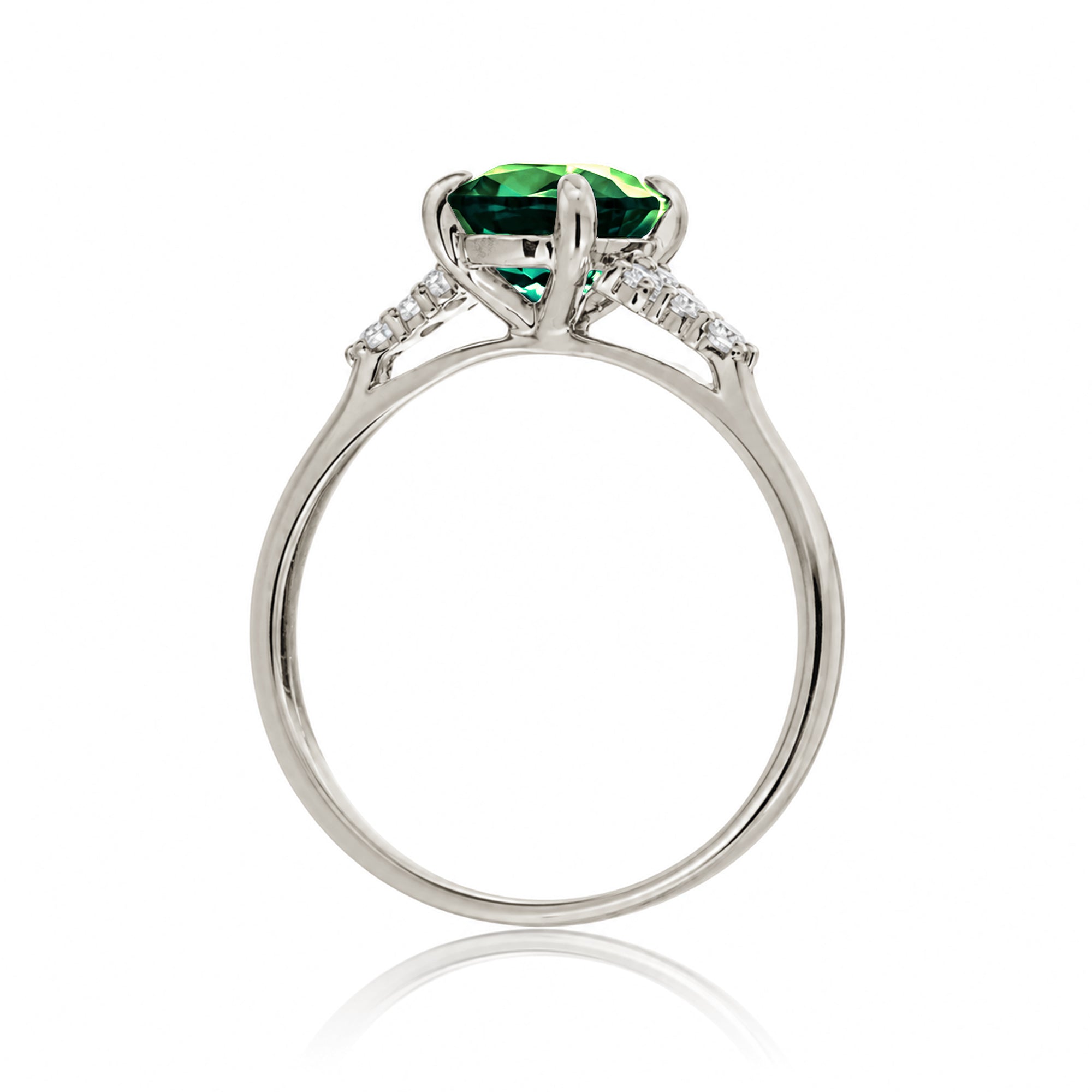 Oval green emerald ring in white gold with side diamonds all natural - the Chloe ring