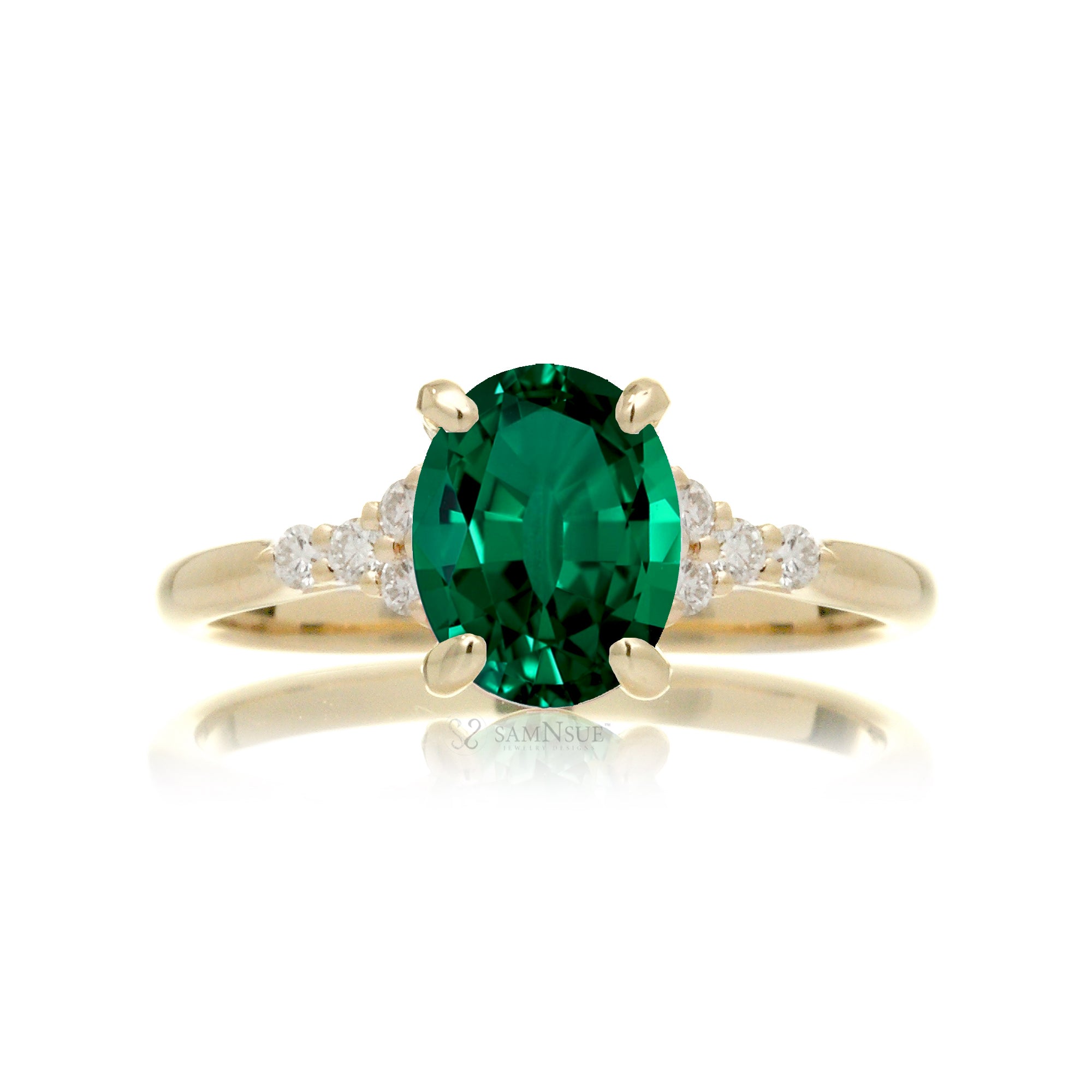 Oval green emerald ring in yellow gold with side diamonds all natural - the Chloe ring
