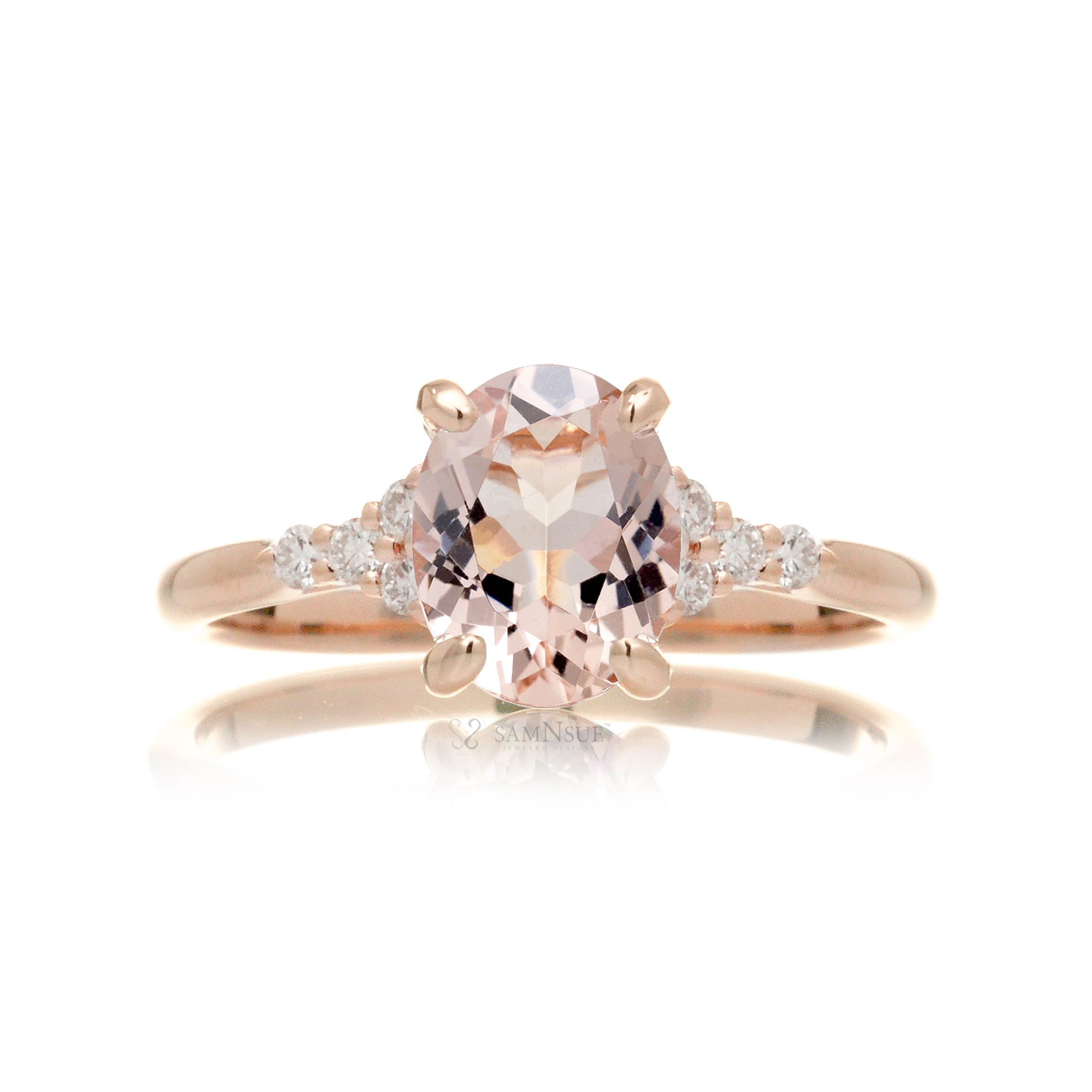 Oval morganite ring in rose gold with side diamonds all natural - the Chloe ring
