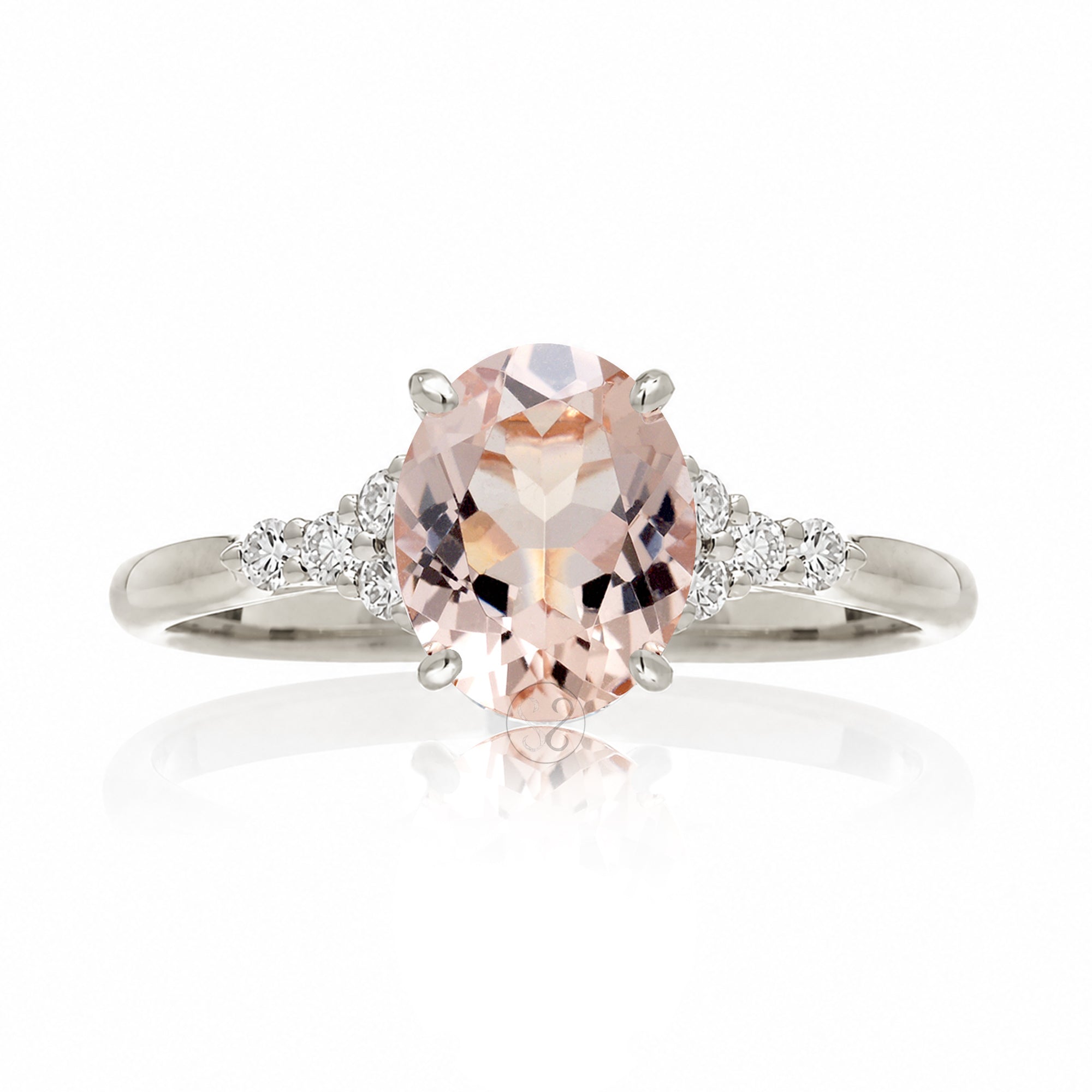 Oval morganite ring in white gold with side diamonds all natural - the Chloe ring