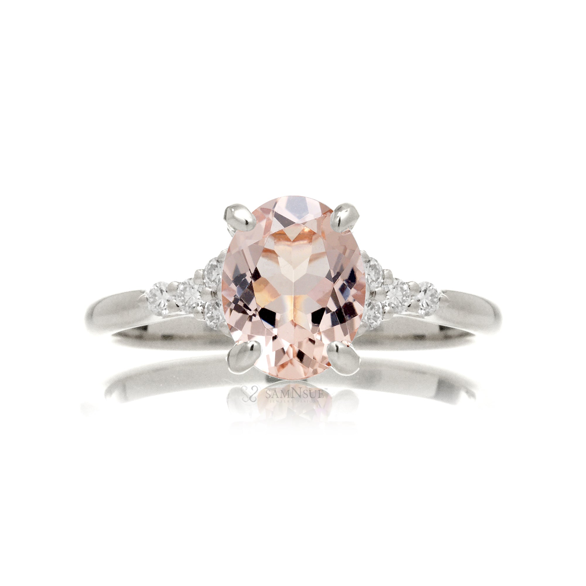 Oval morganite ring in white gold with side diamonds all natural - the Chloe ring