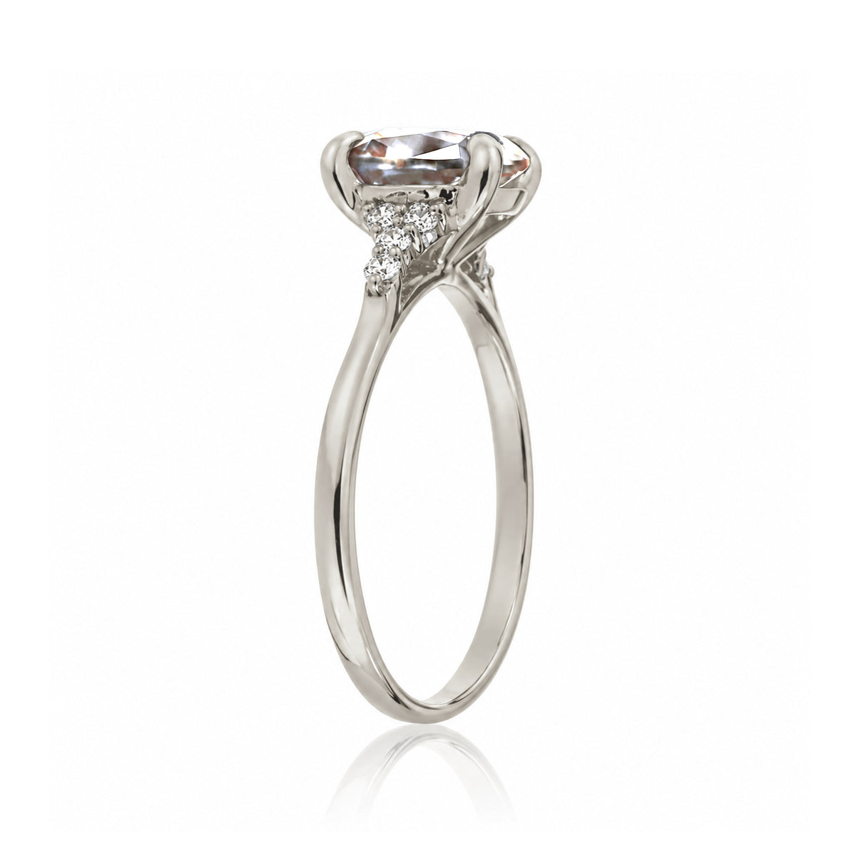 Oval morganite ring in white gold with side diamonds all natural - the Chloe ring