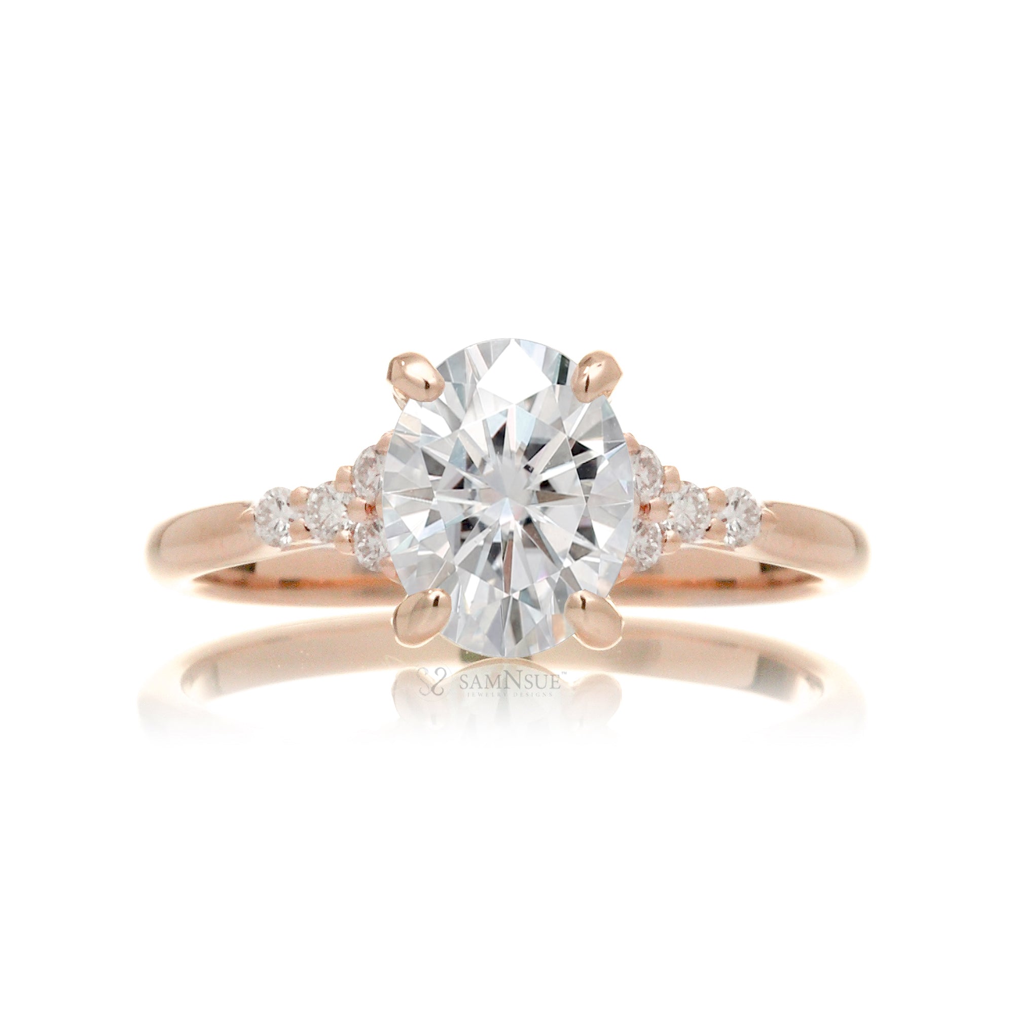 Oval moissanite ring in rose gold with side diamonds lab-grown - the Chloe ring