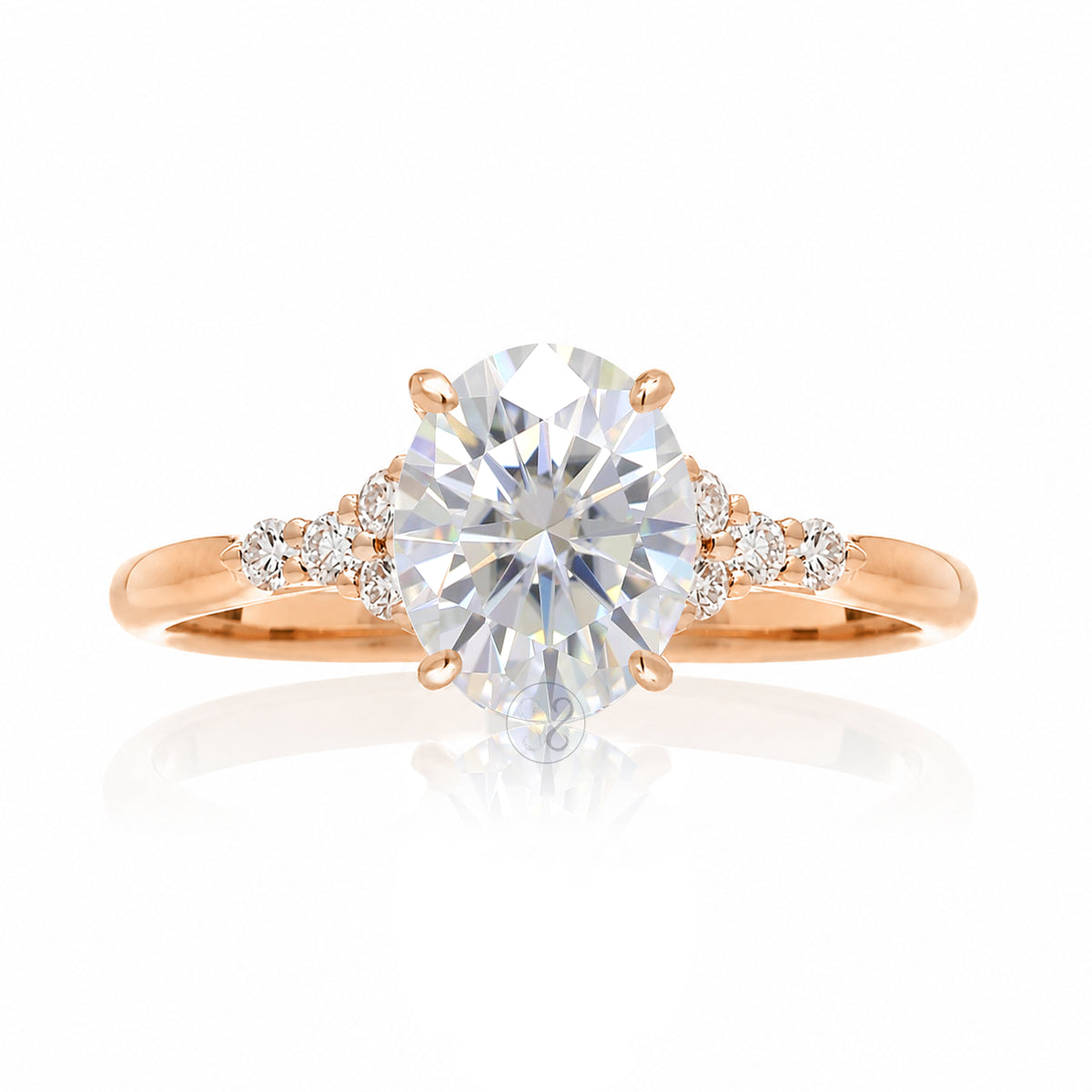 Oval moissanite ring in rose gold with side diamonds lab-grown - the Chloe ring