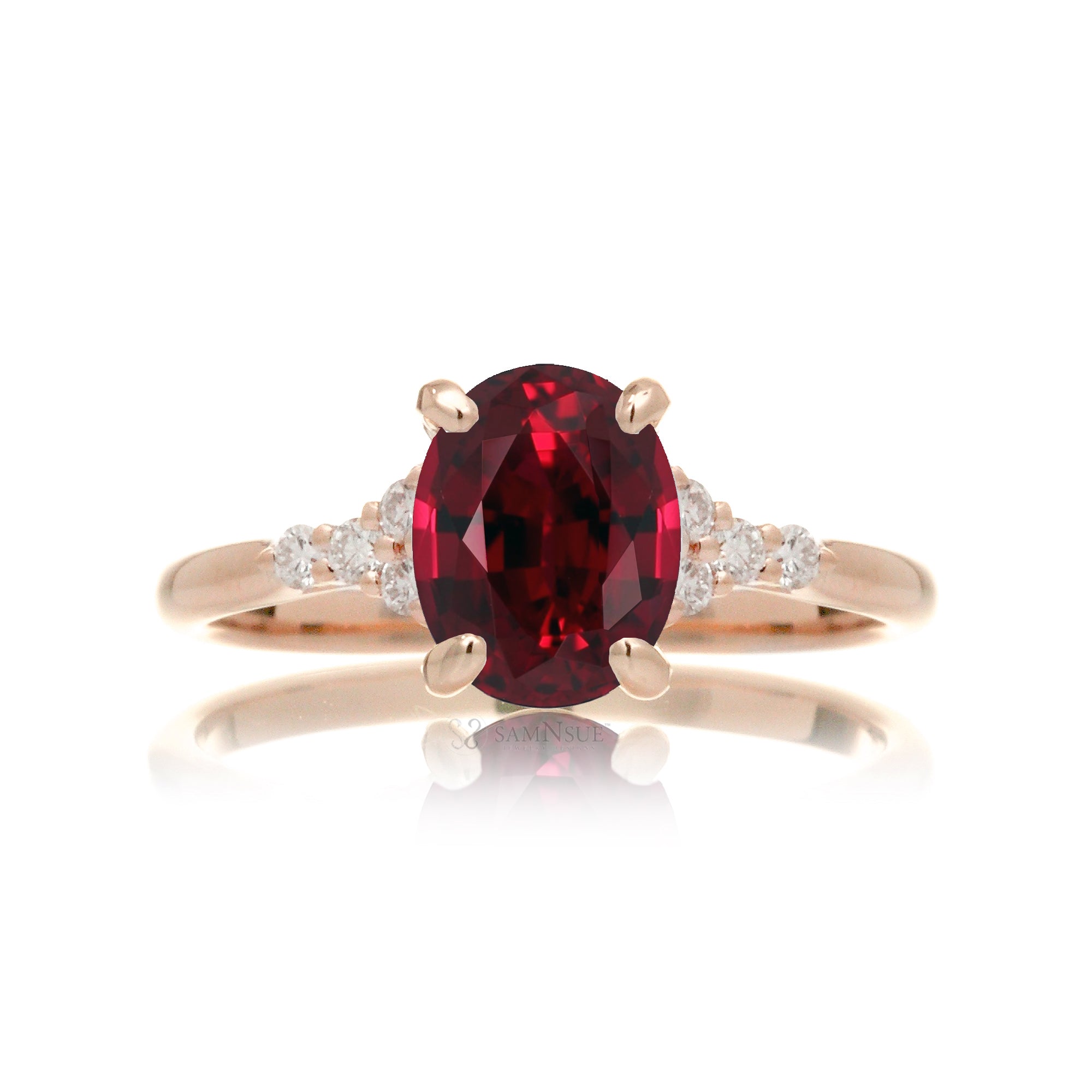 Oval ruby ring in rose gold with side diamonds all natural - the Chloe ring