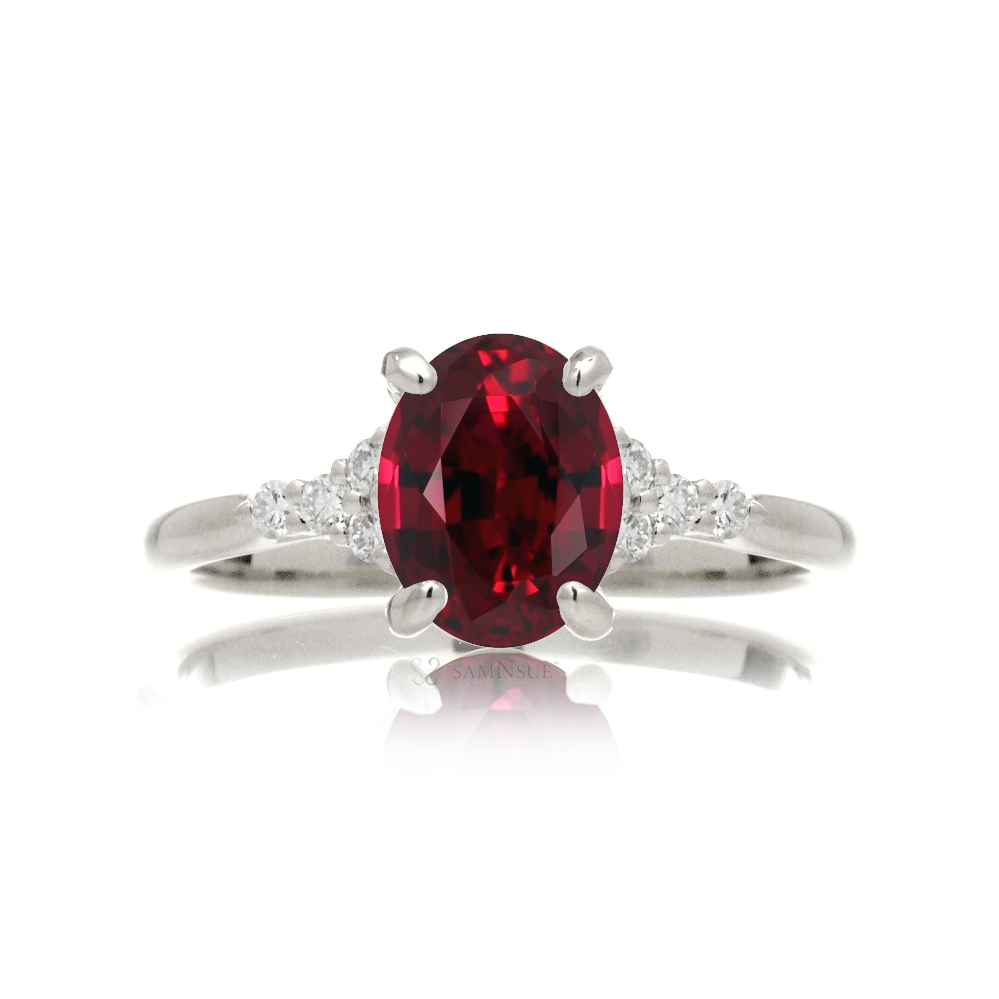 Oval ruby ring in white gold with side diamonds all natural - the Chloe ring