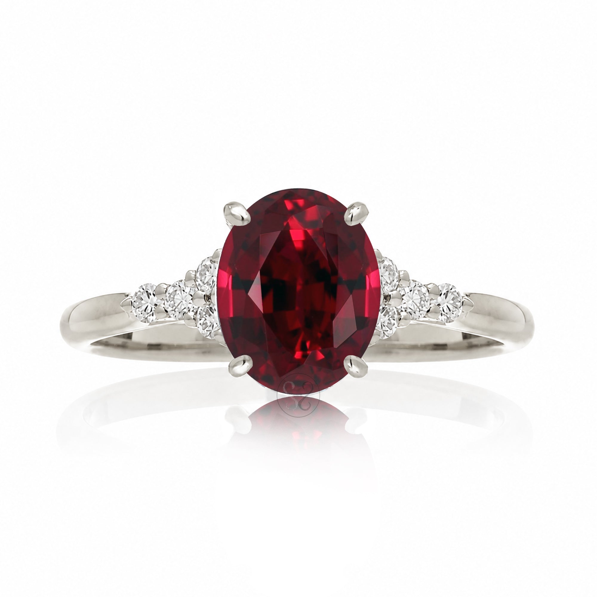 Oval ruby ring in white gold with side diamonds all natural - the Chloe ring