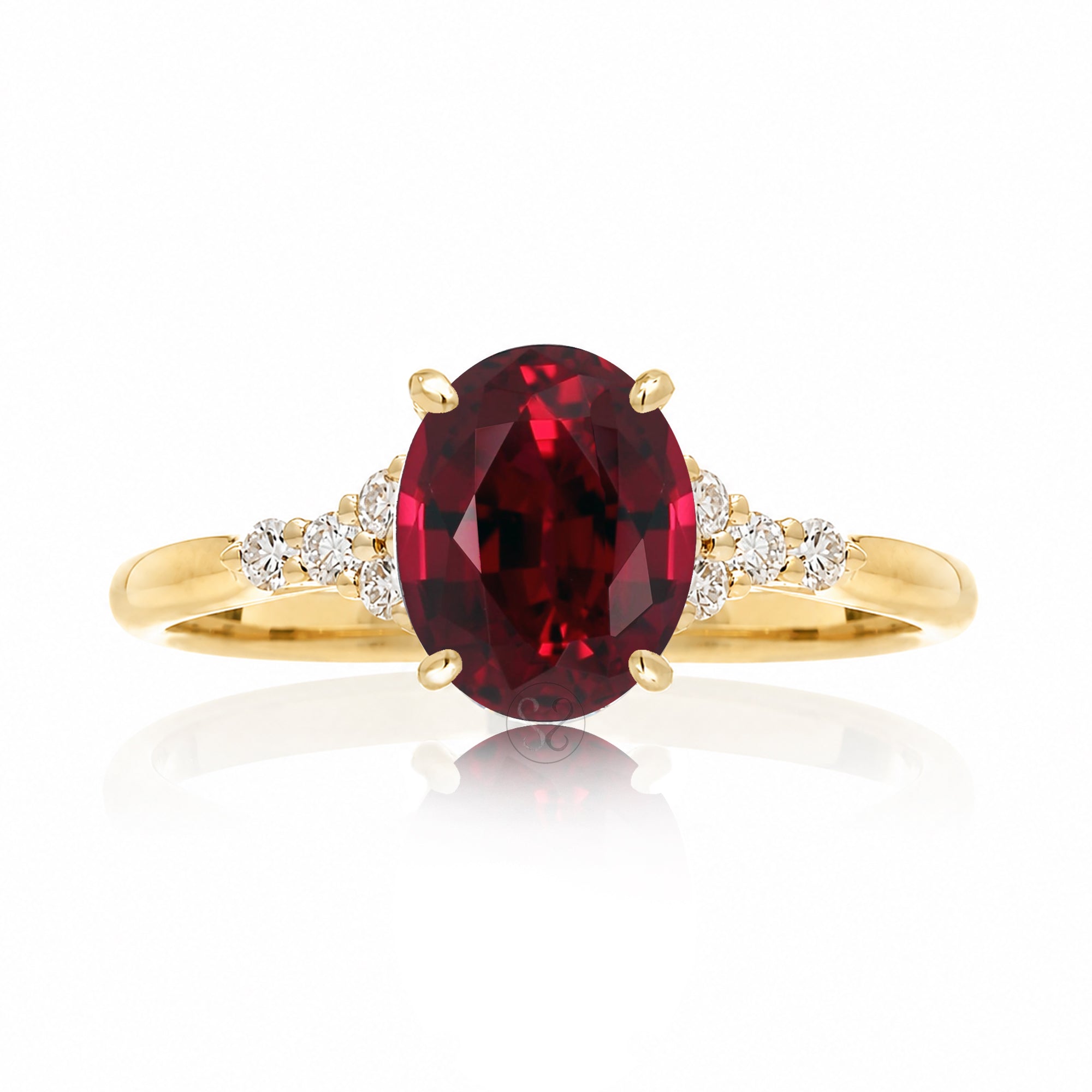 Oval ruby ring in yellow gold with side diamonds all natural - the Chloe ring