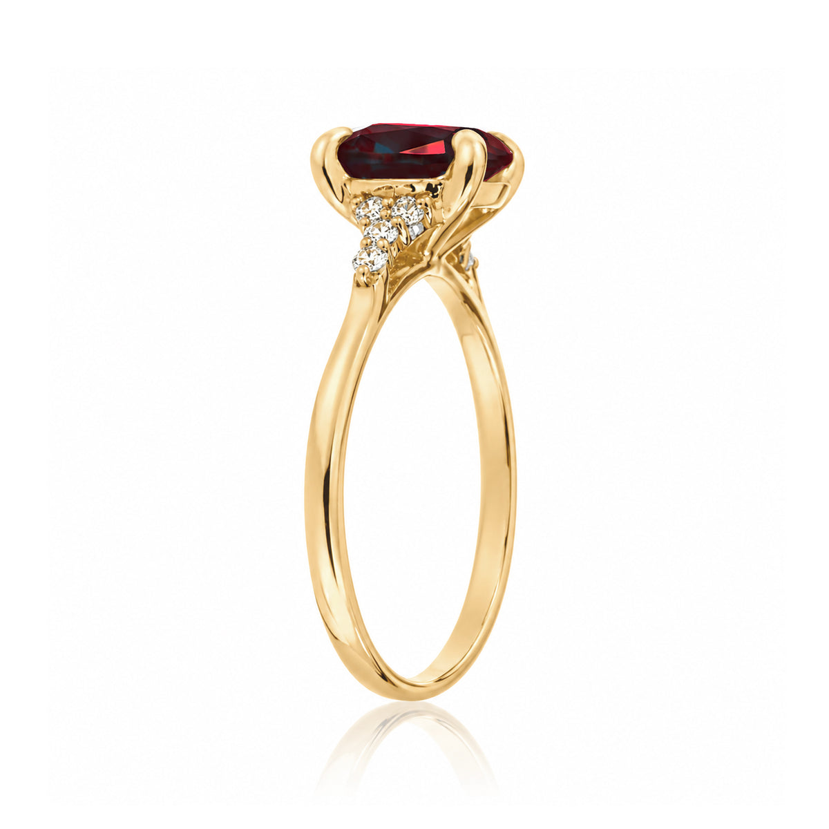 Oval ruby ring in yellow gold with side diamonds all natural - the Chloe ring