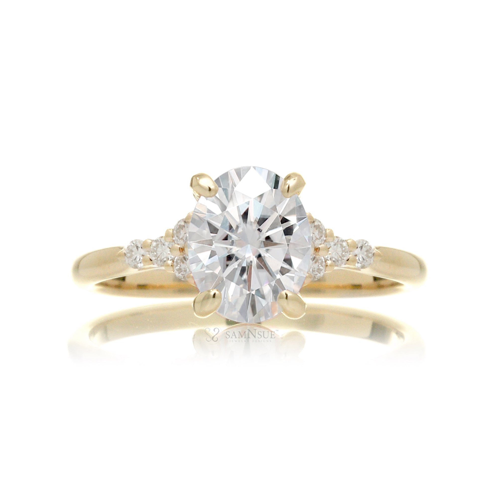 Oval moissanite ring in yellow gold with side diamonds lab-grown - the Chloe ring