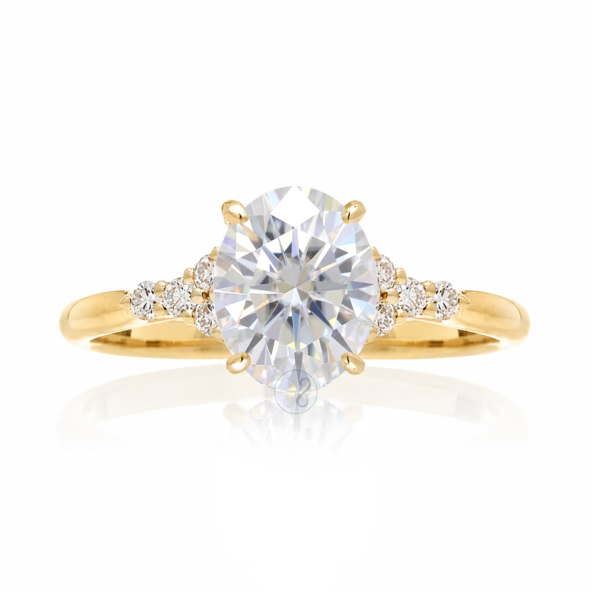 Oval moissanite ring in yellow gold with side diamonds lab-grown - the Chloe ring