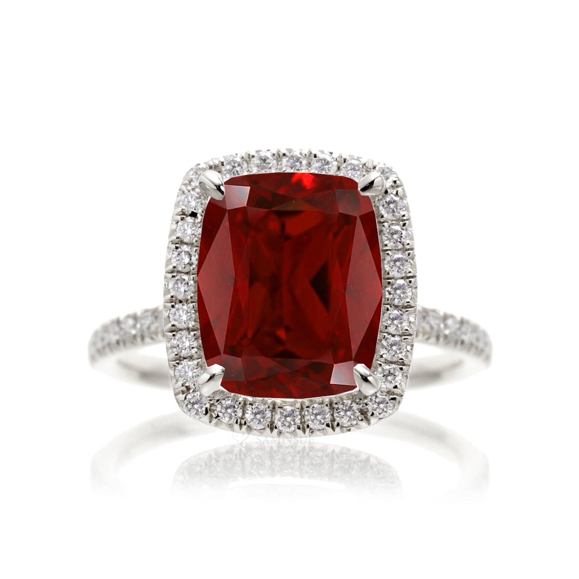 Cushion ruby and diamond halo engagement ring - The Caitlin white gold