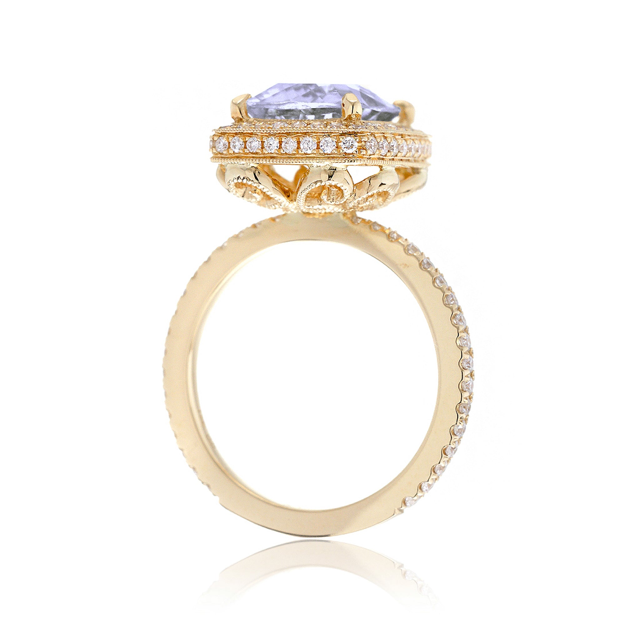 Cushion cut rose de france amethyst with diamond halo and vintage style band yellow gold