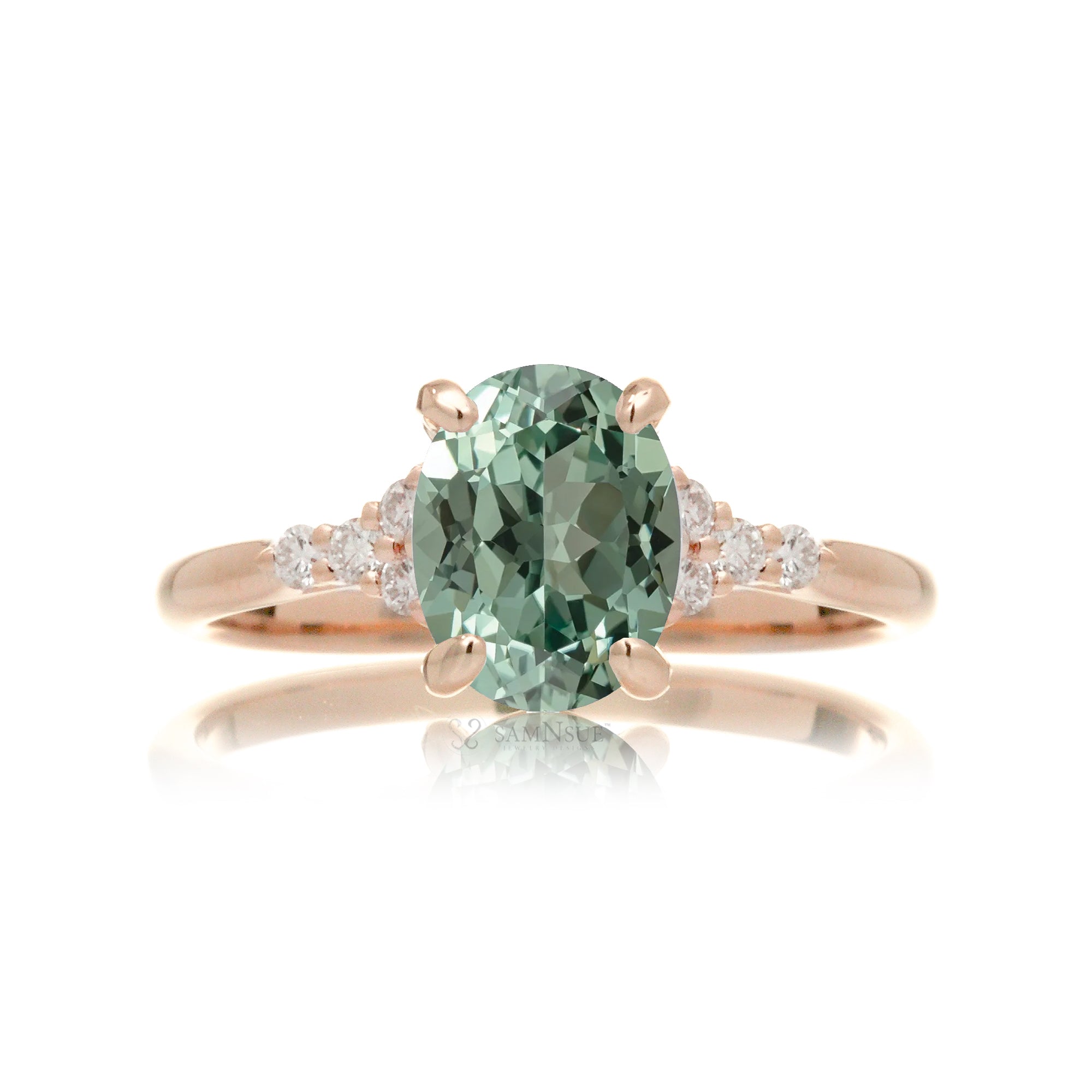 Oval green sapphire diamond ring in rose gold with a comfort fit band - the Chloe ring