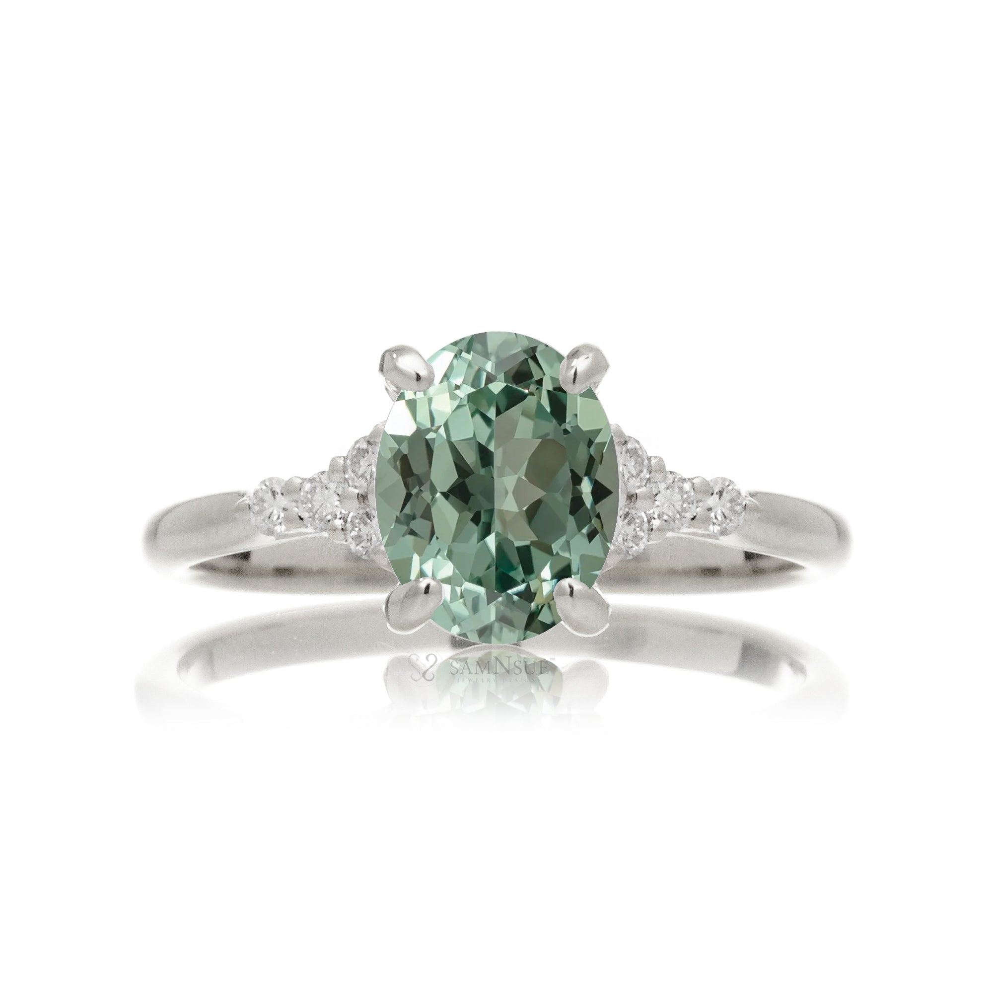 Oval green sapphire diamond ring in white gold with a comfort fit band - the Chloe ring