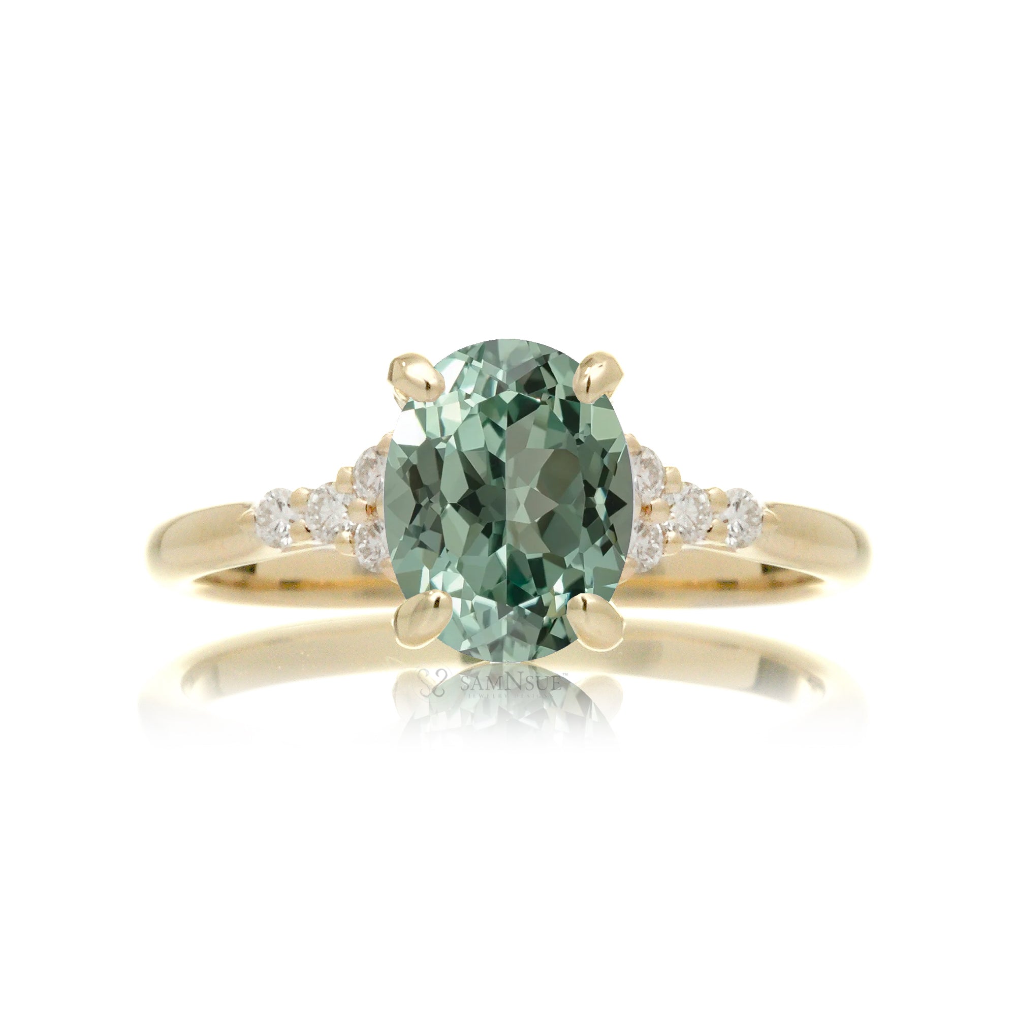Oval green sapphire diamond ring in yellow gold with a comfort fit band - the Chloe ring