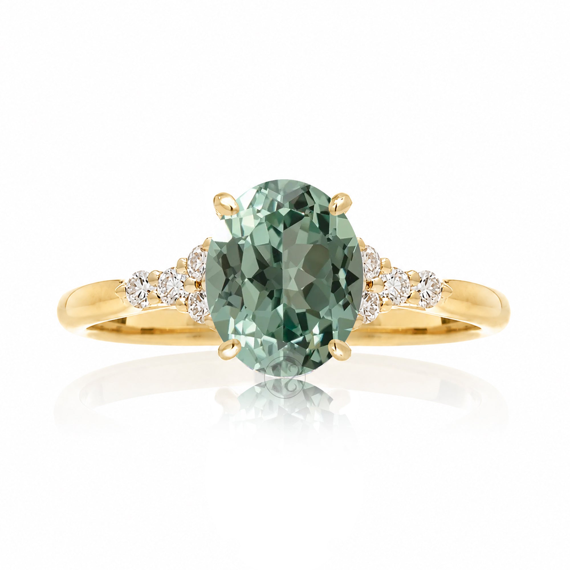 Oval green sapphire diamond ring in yellow gold with a comfort fit band - the Chloe ring