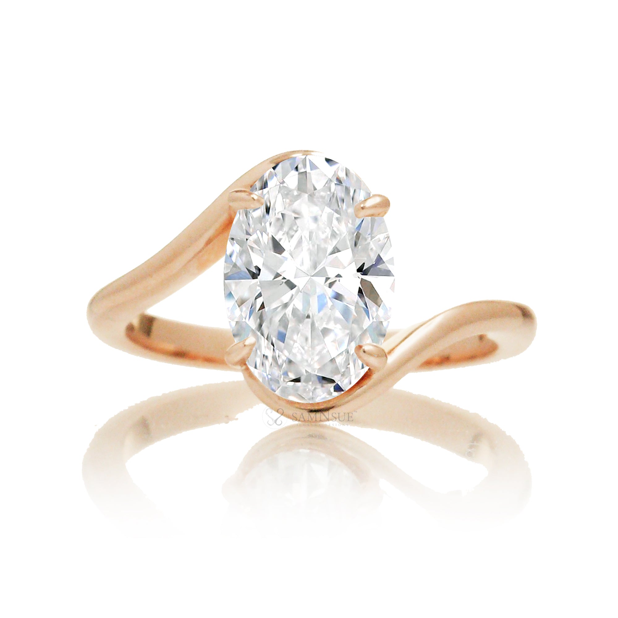 Contemporary oval diamond engagement ring with twisting rose gold band