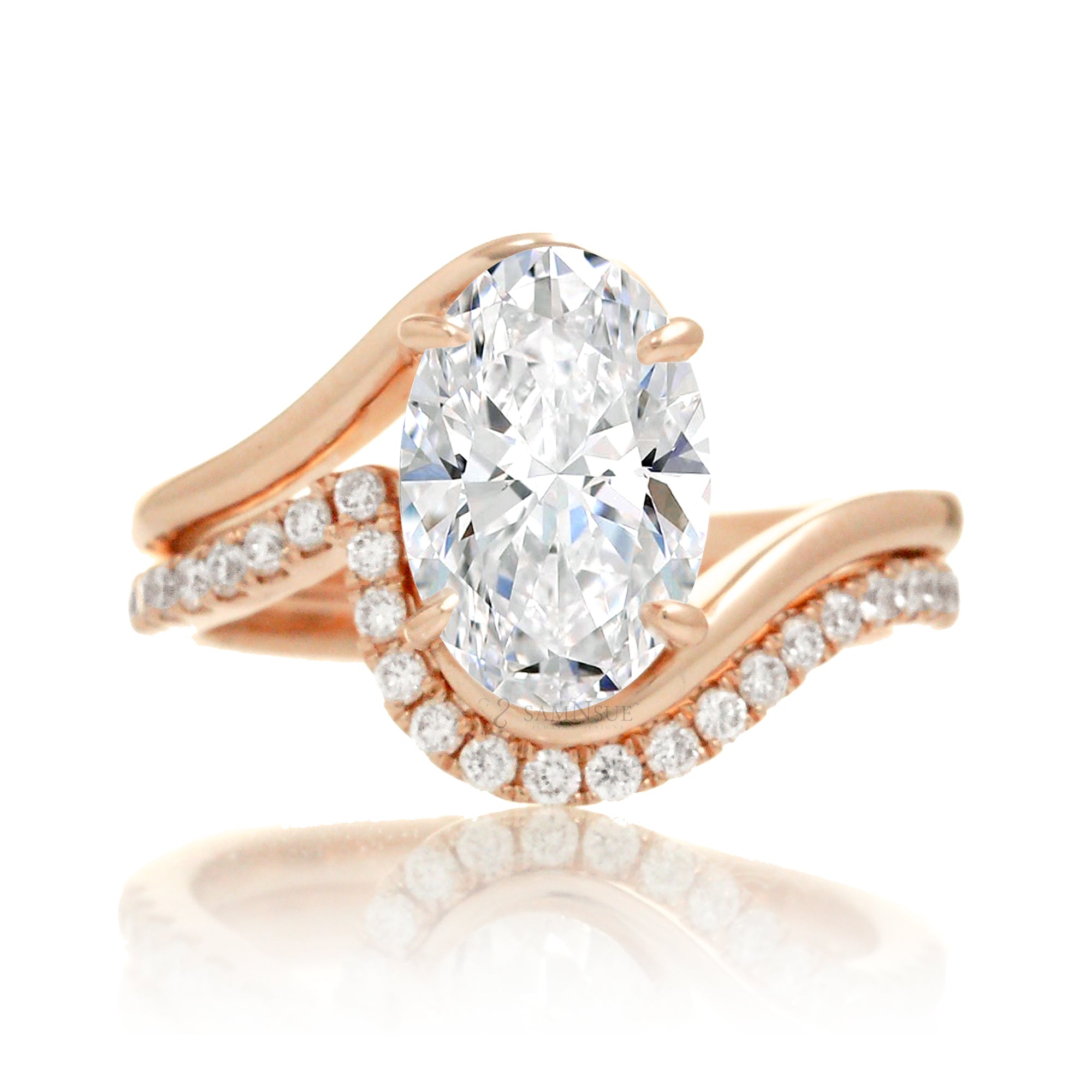 Contemporary oval diamond engagement ring with twisting rose gold band