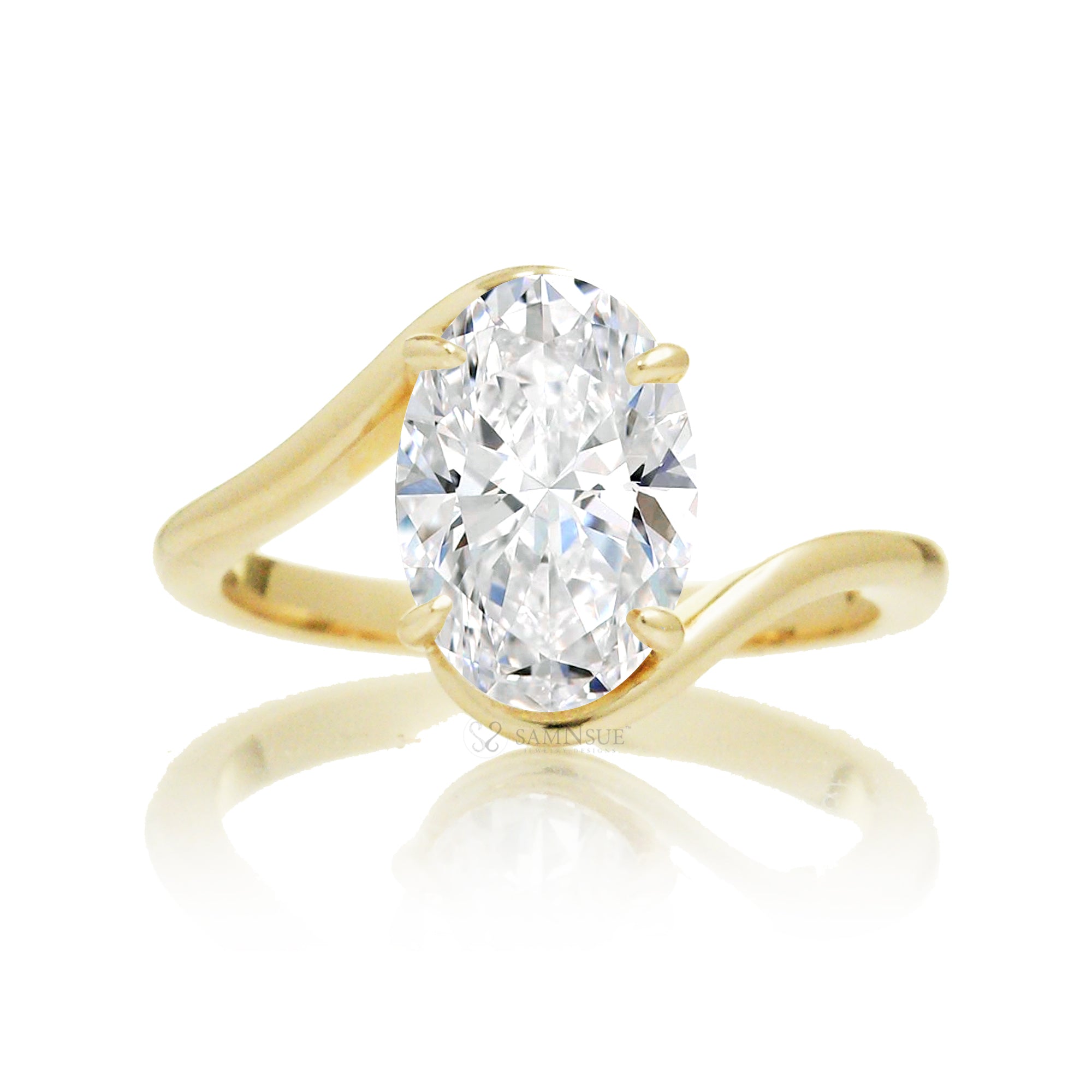 Elegant bypass-style oval diamond ring with polished yellow gold shank