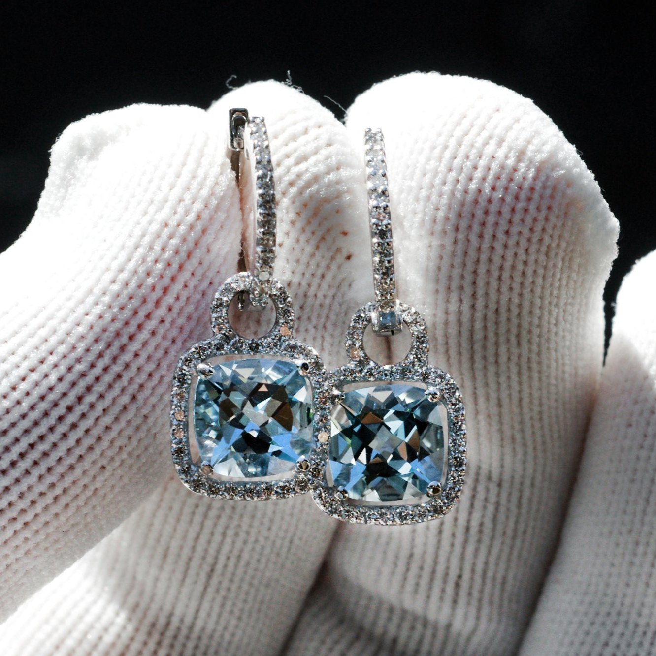 Cushion cut aquamarine dangles and diamond halo hoop earrings in white gold