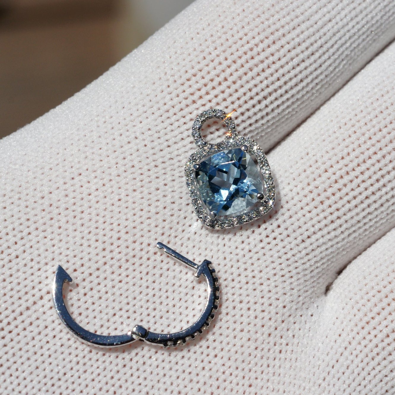 Cushion Aquamarine Diamond Halo Dangle Earrings