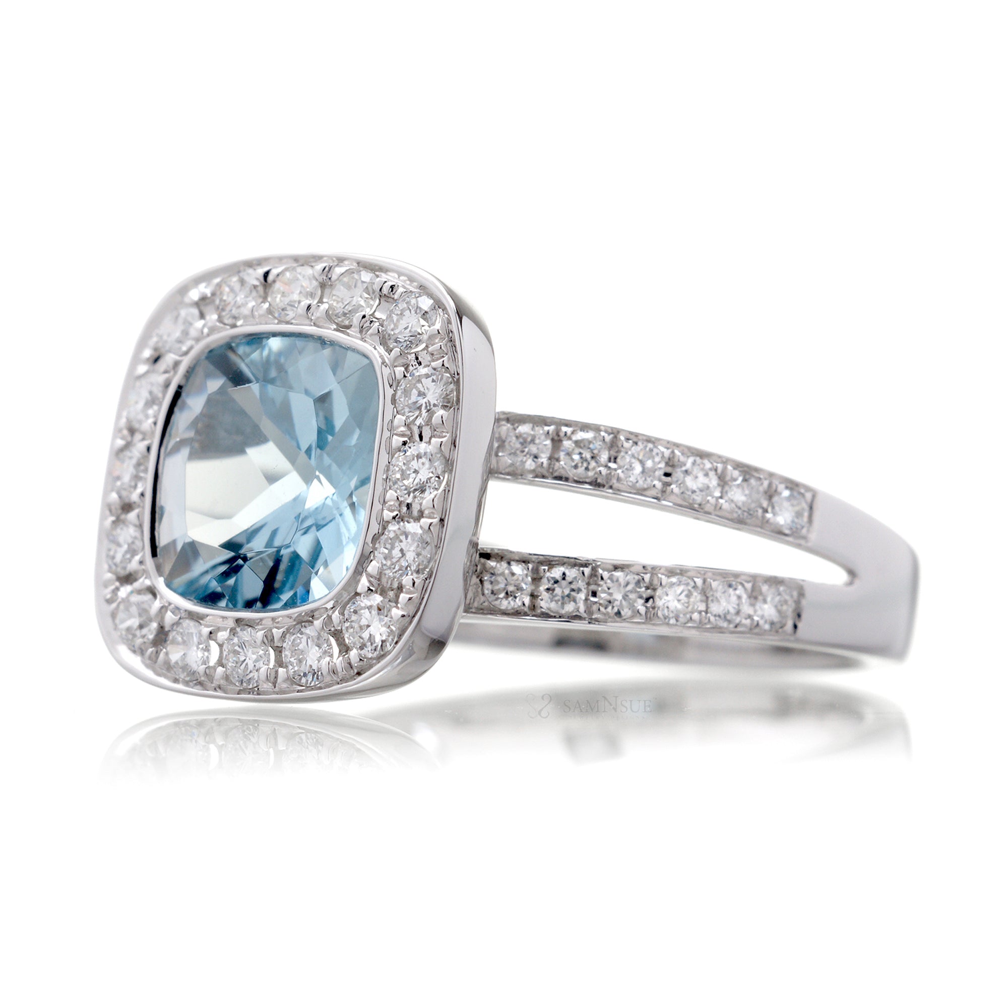Cushion aquamarine bezel set diamond halo split band ring white gold - the Effie
