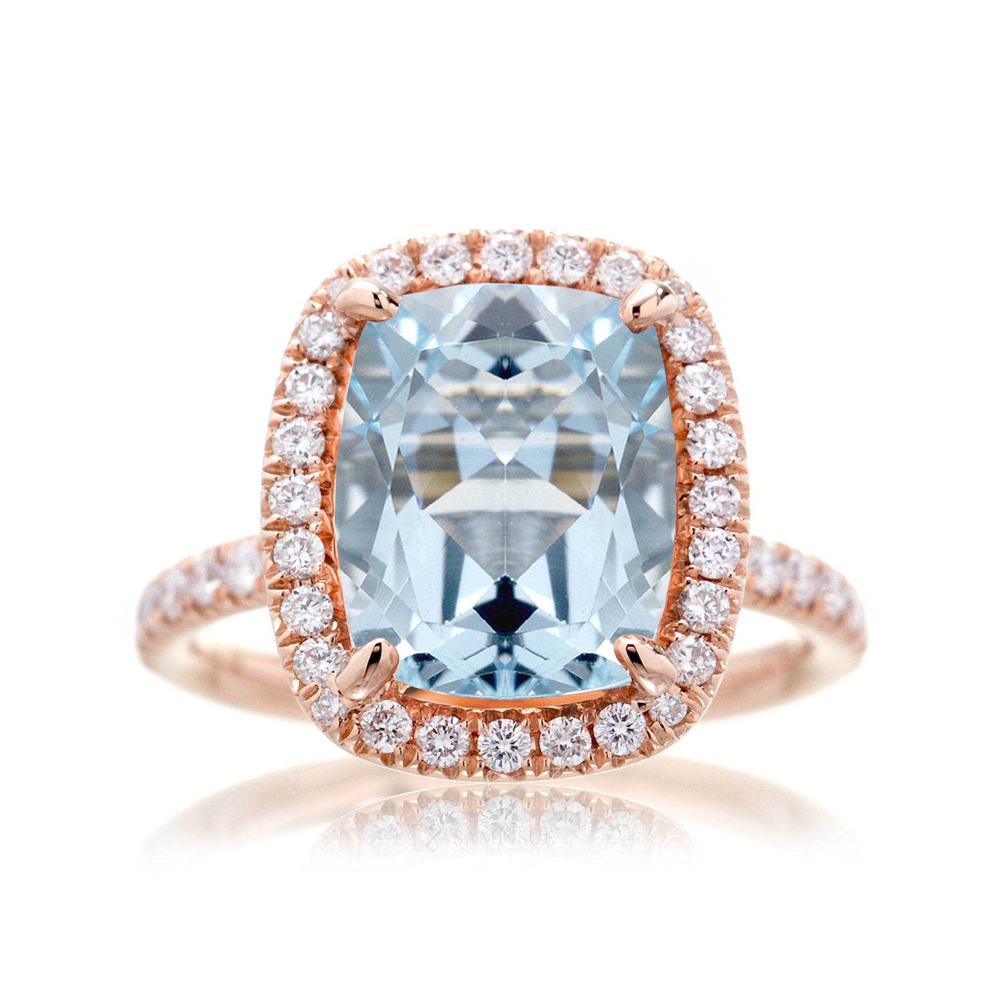 Cushion cut aquamarine ring with a diamond halo and comfort fit band the Drenched rose gold top view