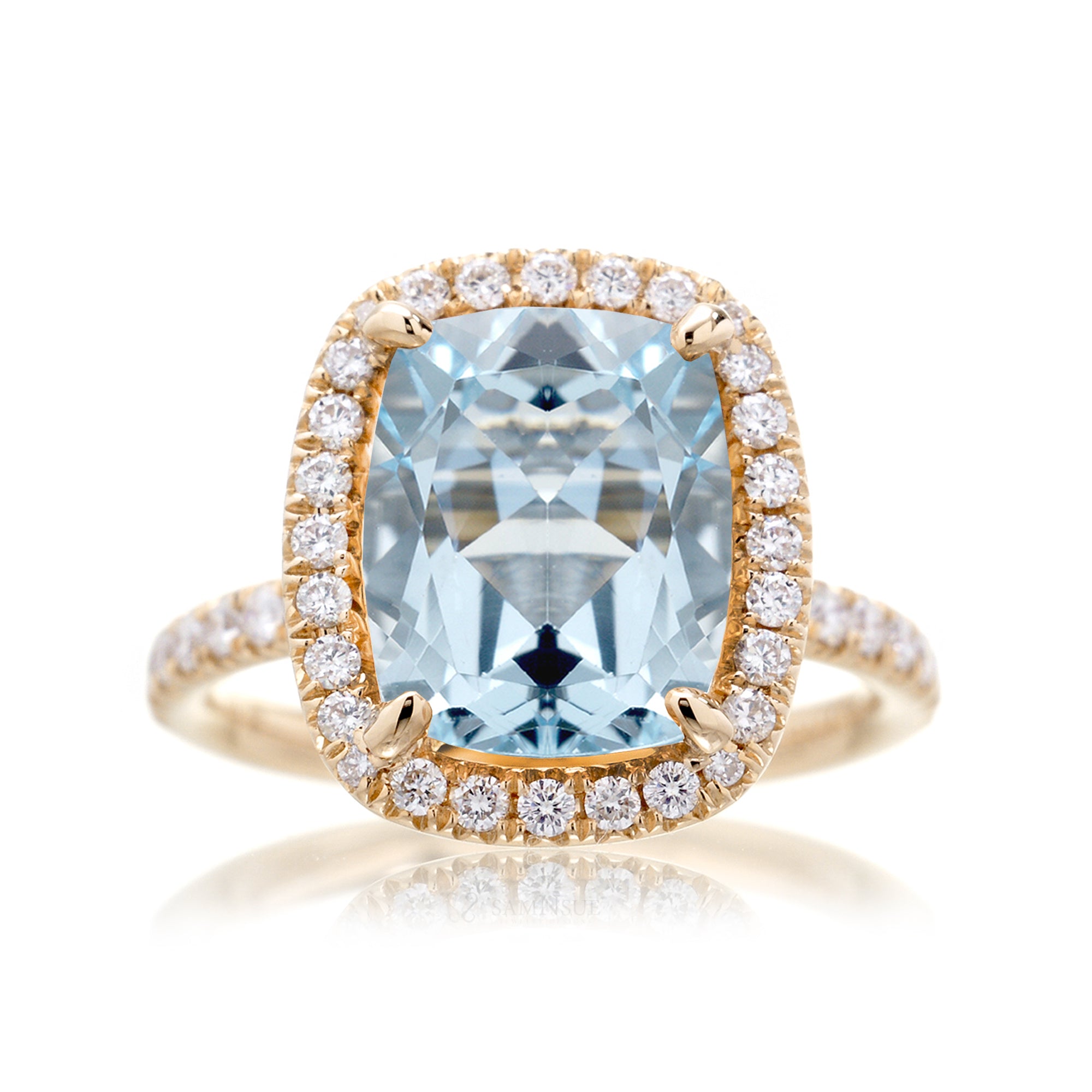 Cushion cut aquamarine ring with a diamond halo and comfort fit band the Drenched yellow gold top view