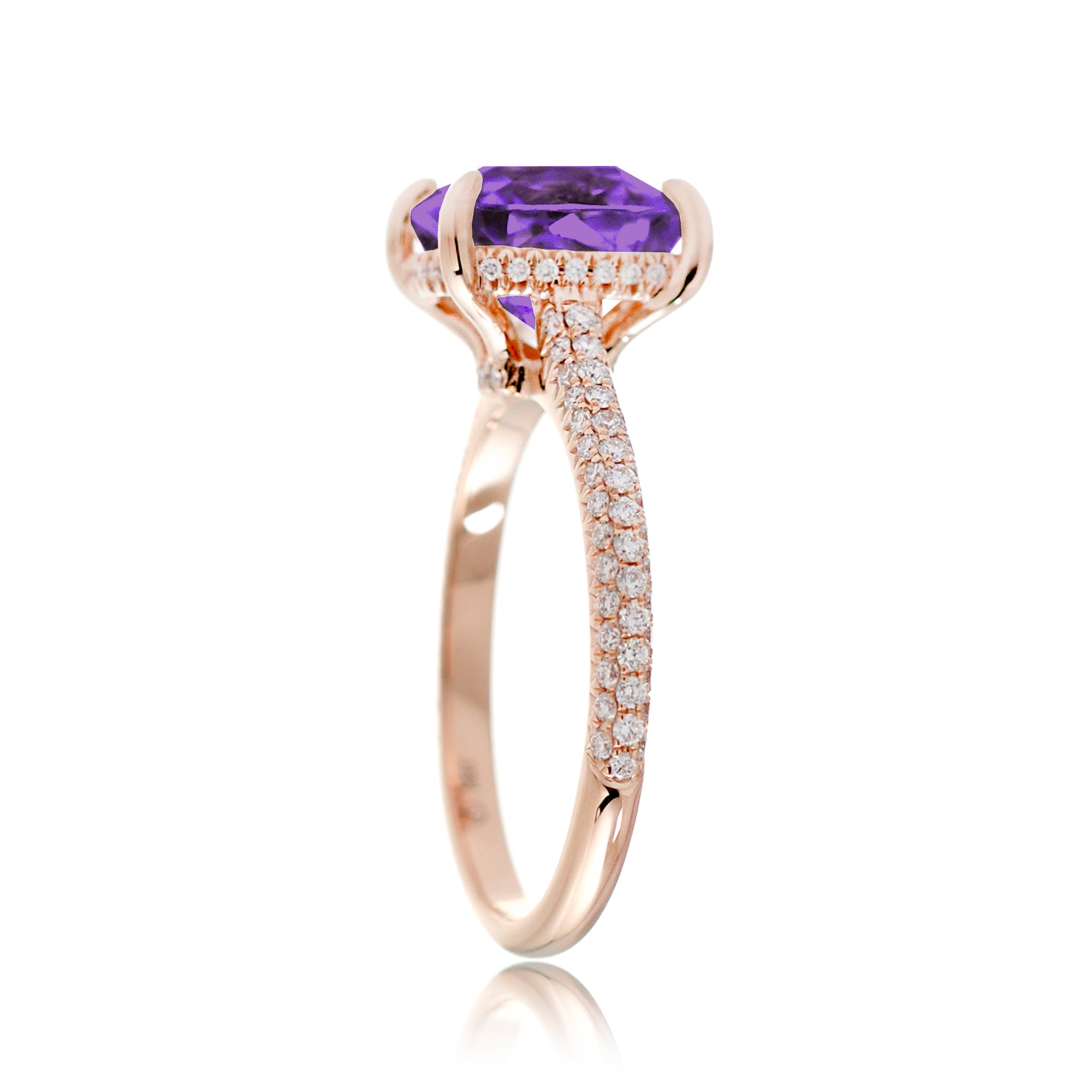 Cushion-Cut Amethyst Engagement Ring with Triple Diamond Band