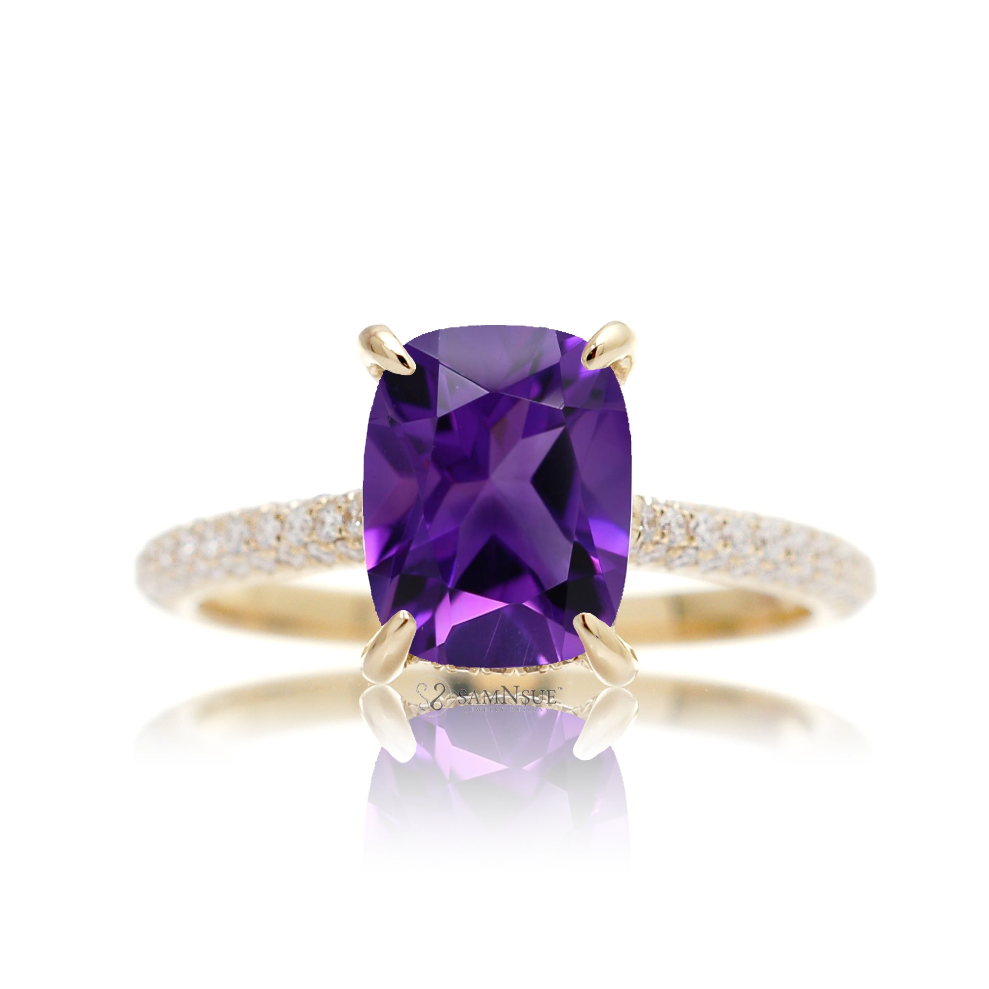 Elegant Cushion Purple Gemstone Ring with Diamond Pavé Band