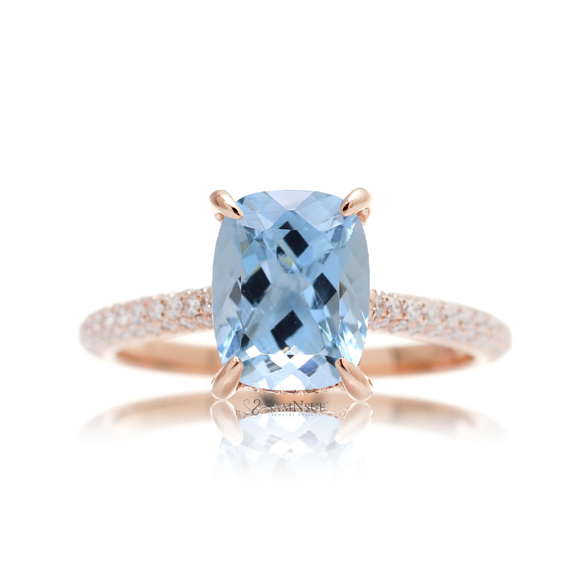 Aquamarine Engagement Ring with Cushion Center and Hidden Diamonds