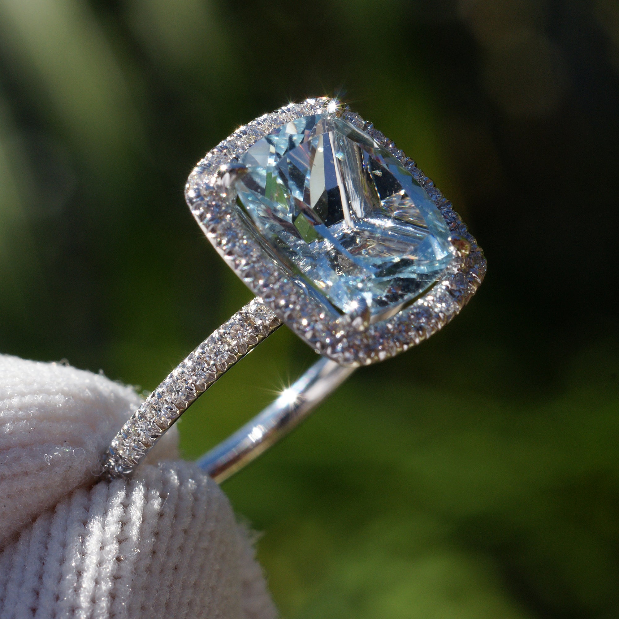 The Caitlin Cushion Cut Aquamarine & Diamond Halo Ring