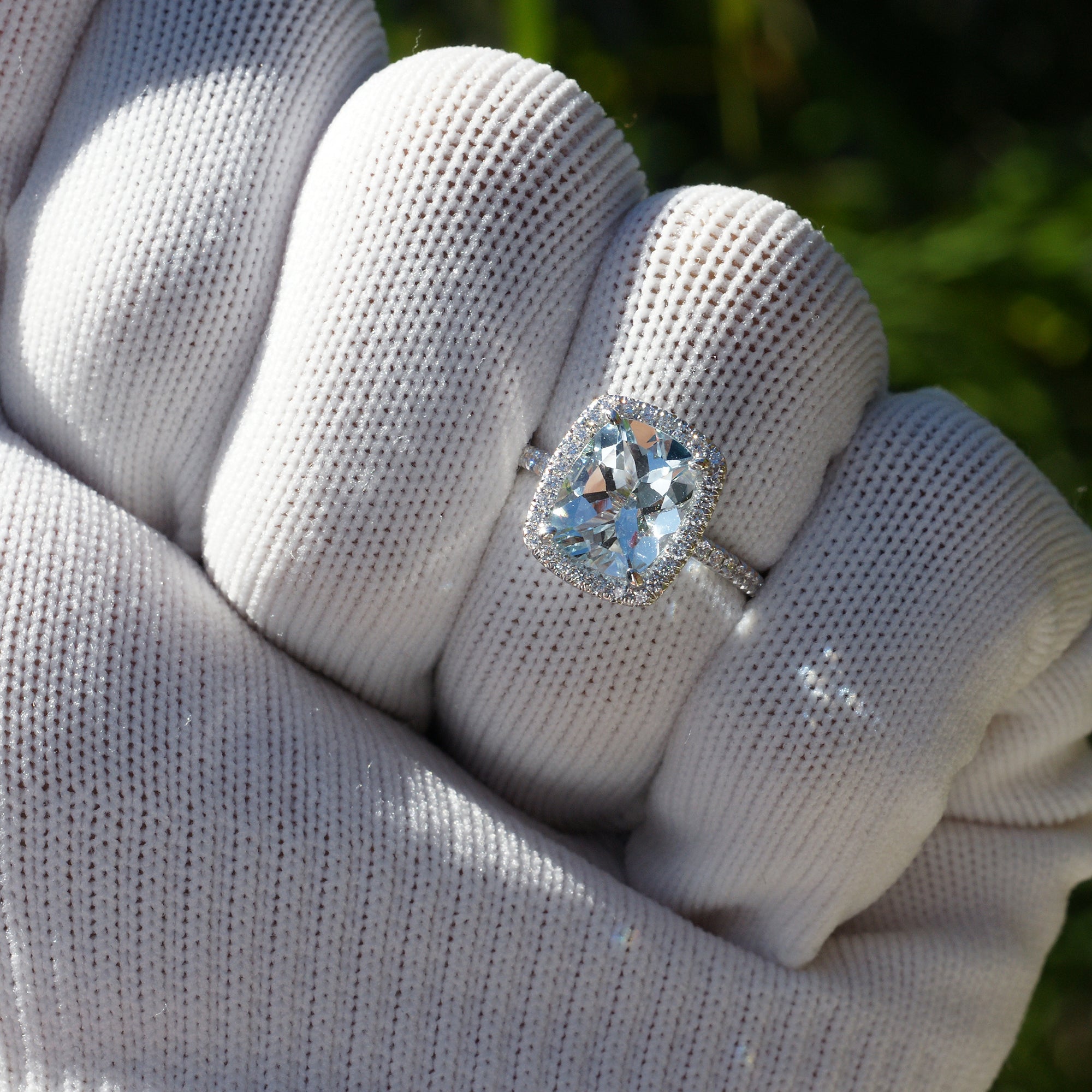 The Caitlin Cushion Cut Aquamarine & Diamond Halo Ring