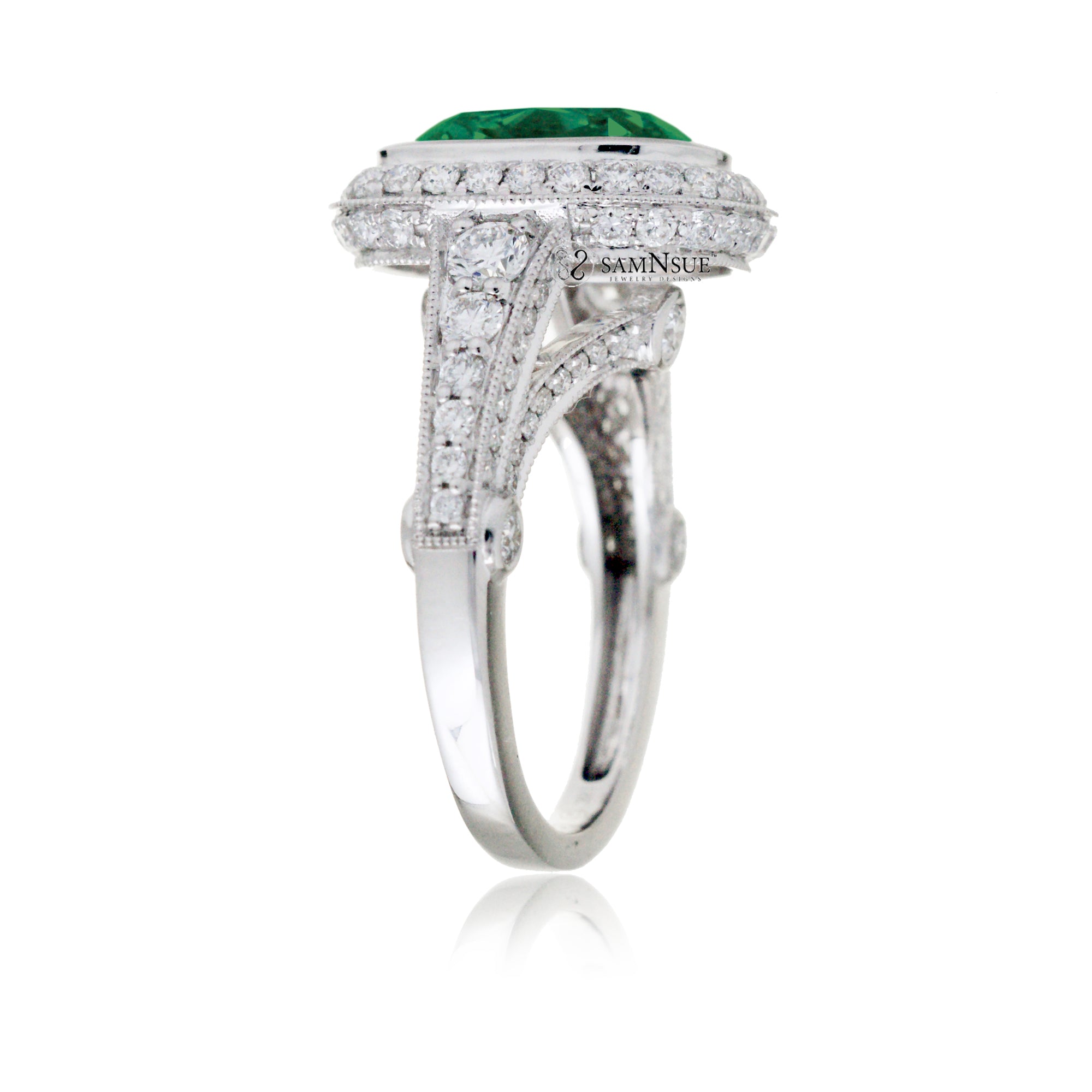Cushion cut green emerald diamond halo vintage style bezel set ring