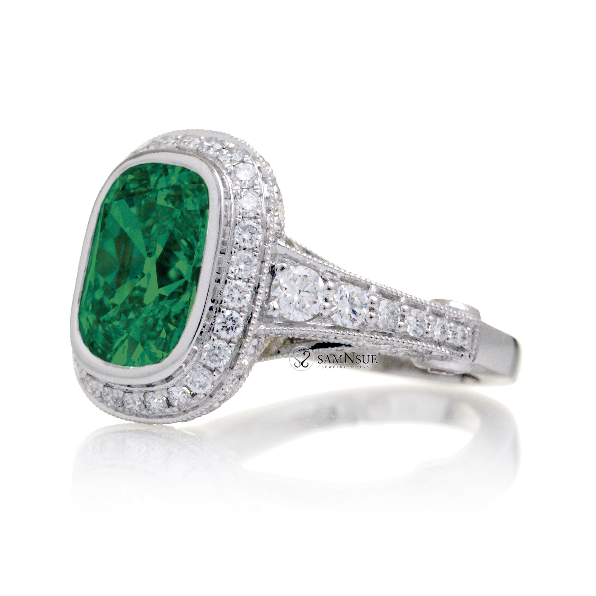 Cushion cut green emerald diamond halo vintage style bezel set ring