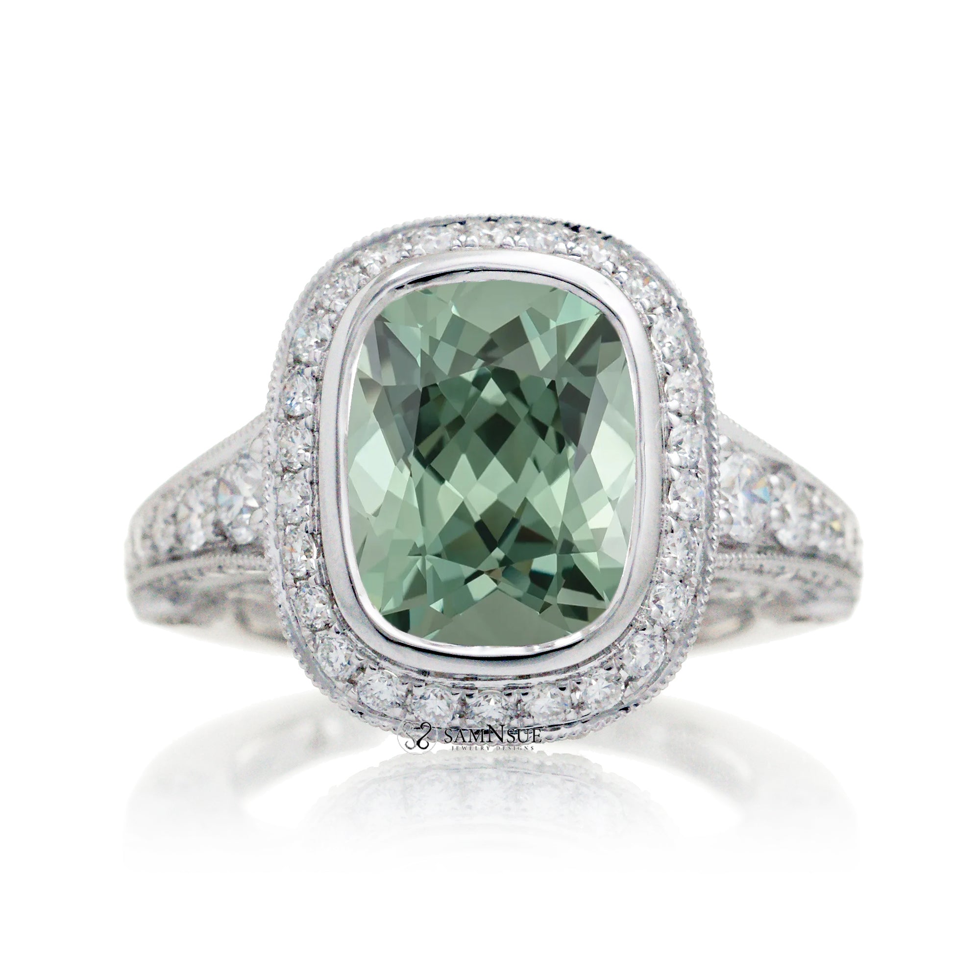 Cushion cut bezel green sapphire diamond halo ring