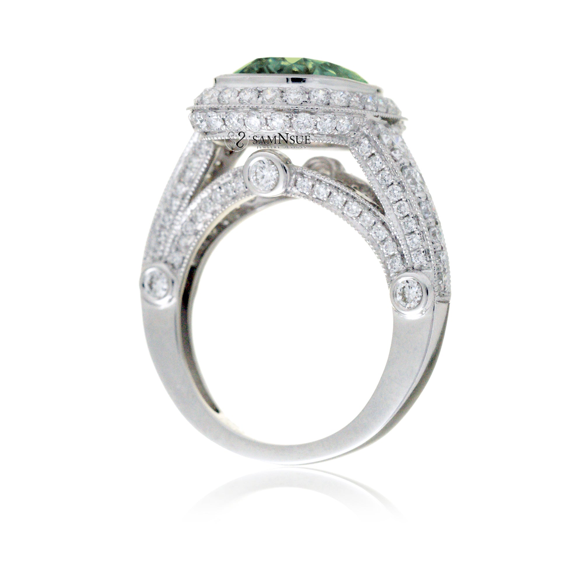 Cushion cut bezel green sapphire diamond halo ring