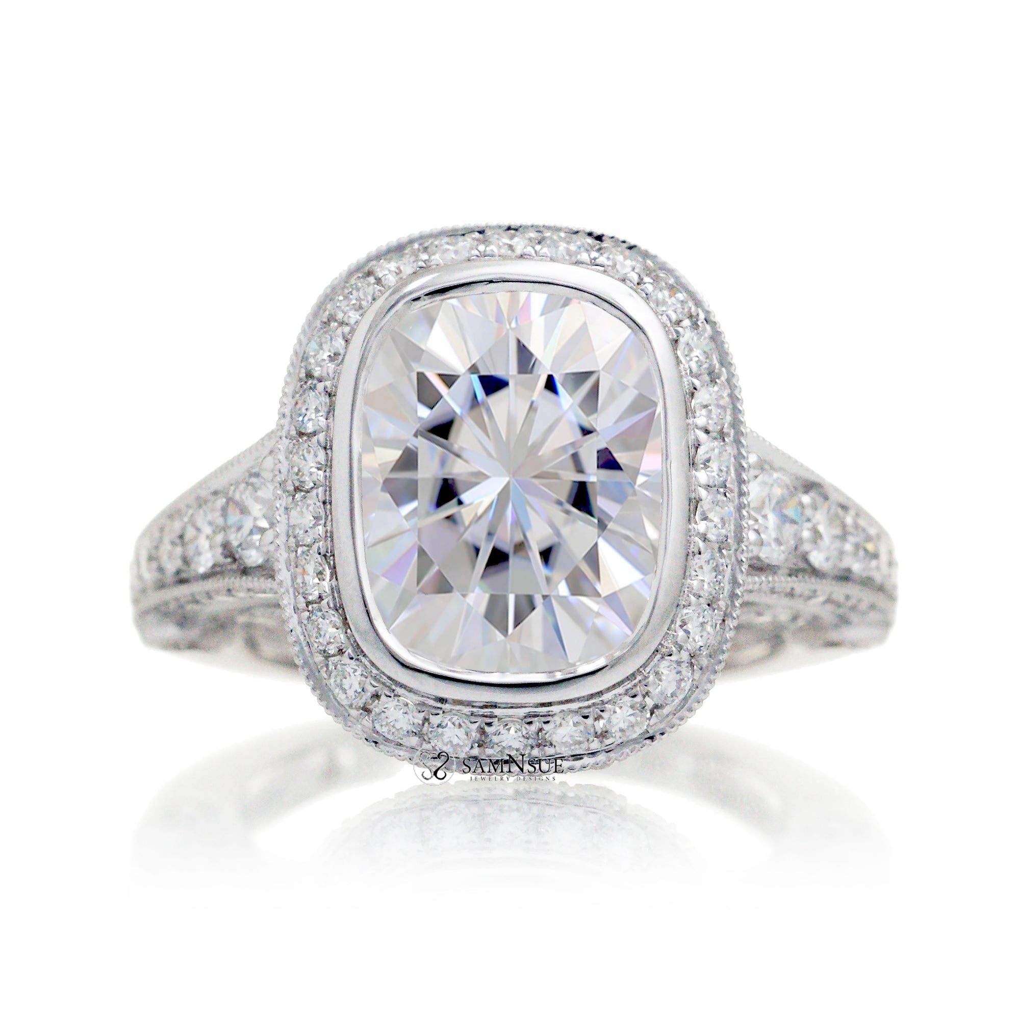 Bezel cushion moissanite engagement ring the legacy style white gold