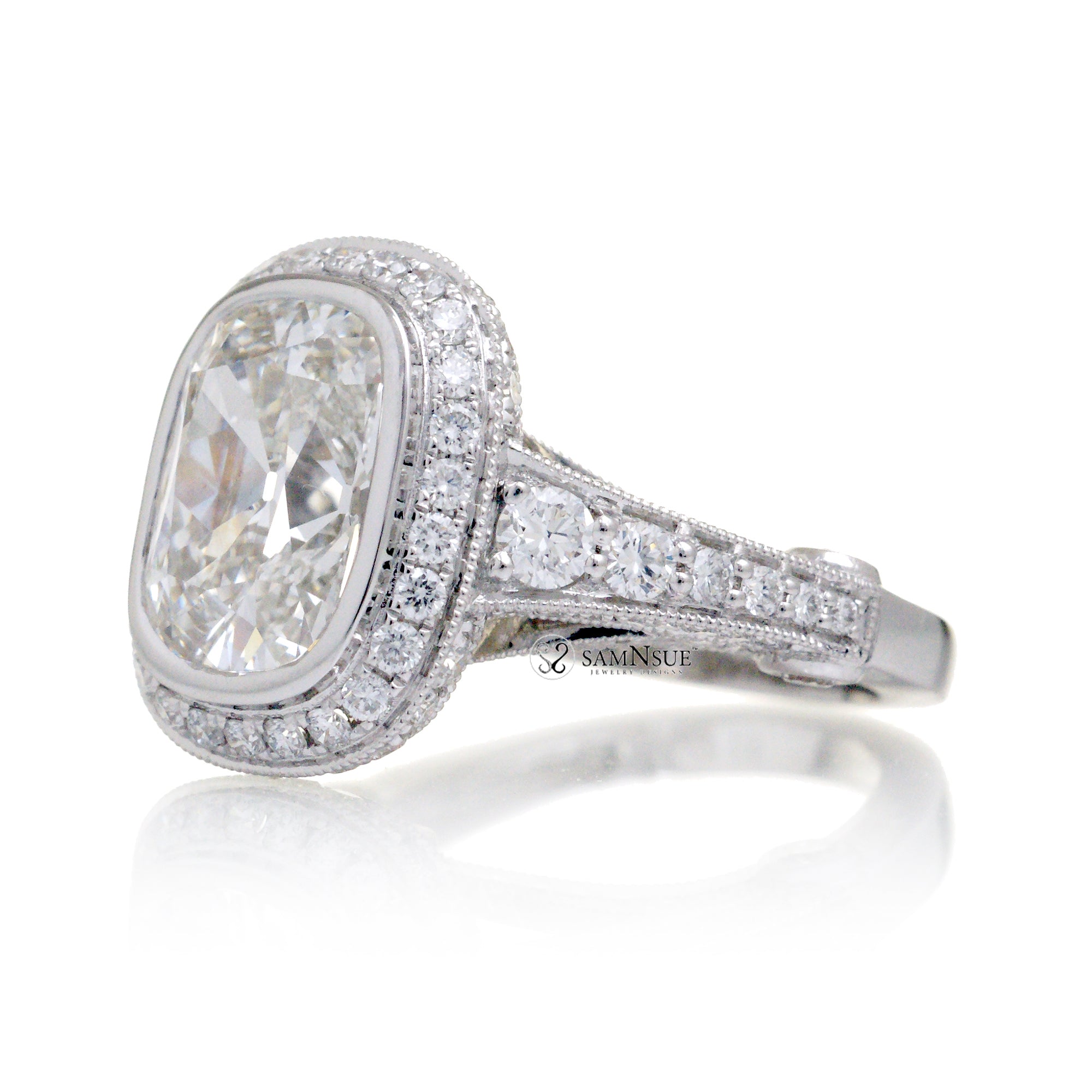 Bezel cushion moissanite engagement ring the legacy style white gold