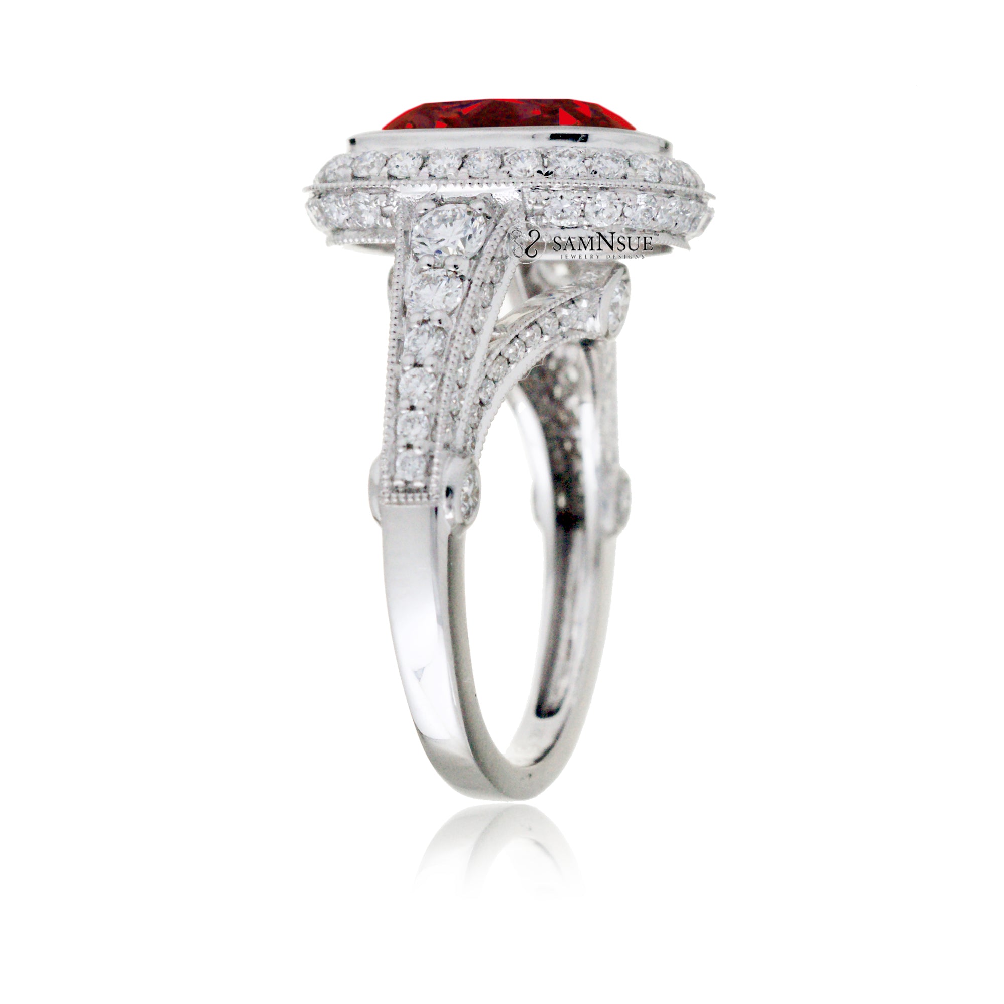 Cushion cut ruby halo cathedral setting legacy style engagement ring