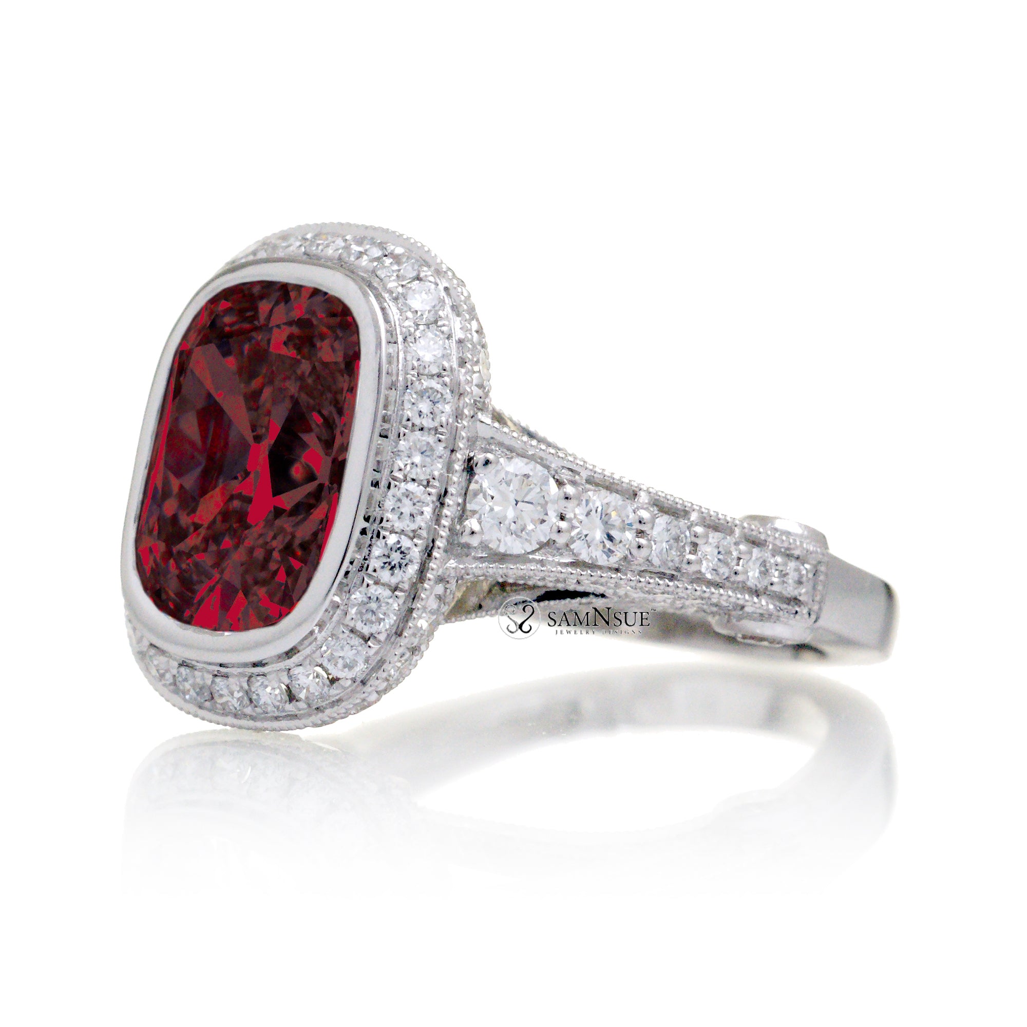 Cushion cut ruby halo cathedral setting legacy style engagement ring