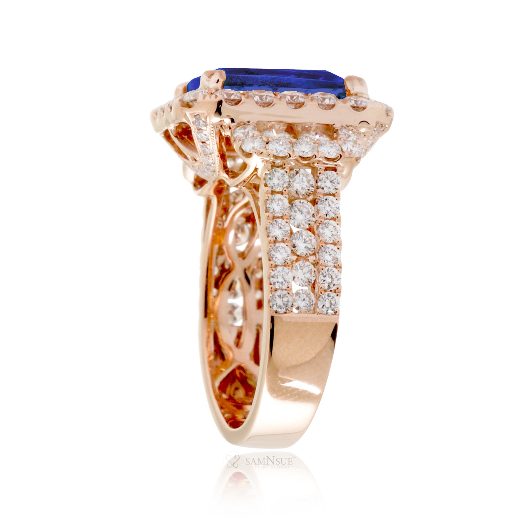 Rose Gold Cushion Cut Blue Sapphire Engagement Ring with Diamond Band