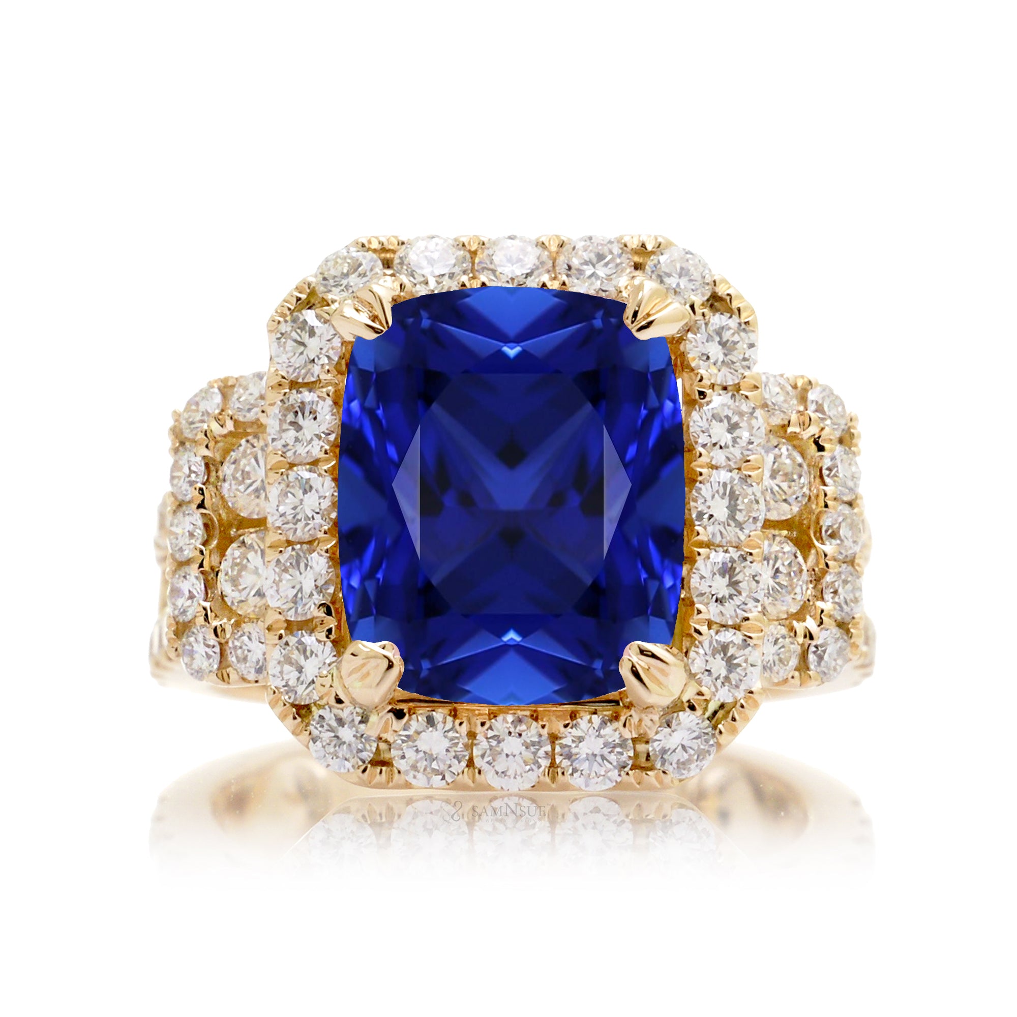 Yellow Gold Blue Sapphire and Diamond Three Row Band Ring