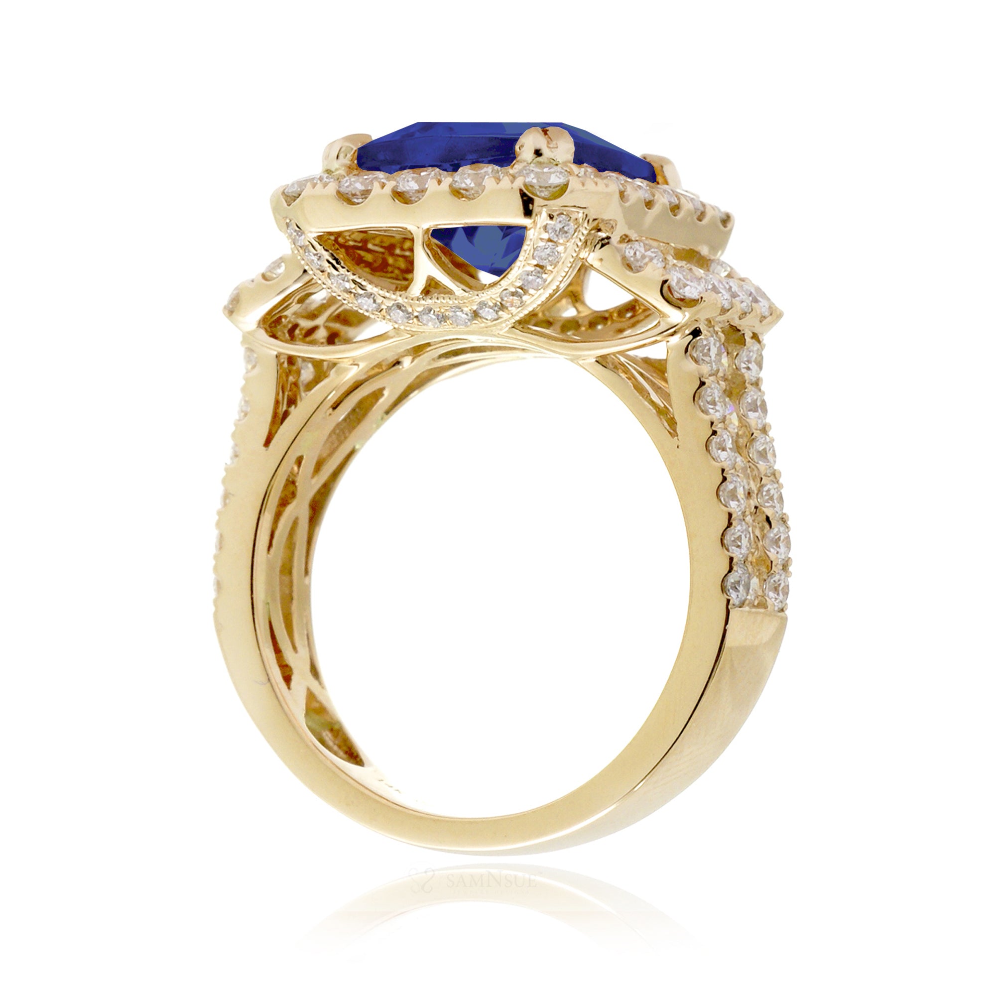 Yellow Gold Blue Sapphire and Diamond Three Row Band Ring
