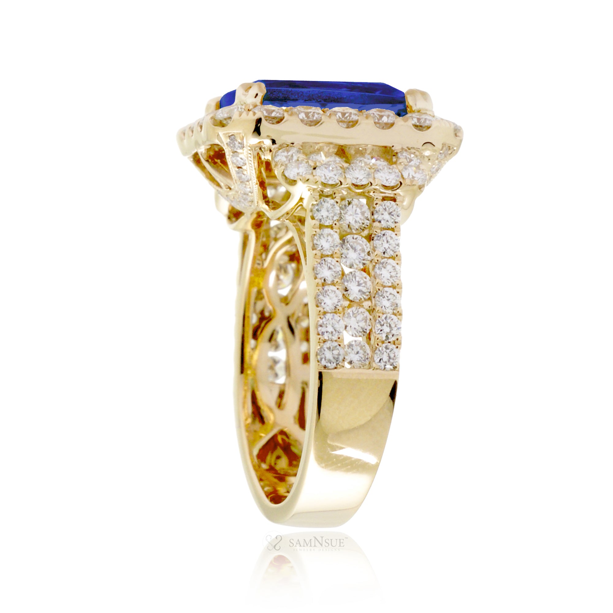 Yellow Gold Blue Sapphire and Diamond Three Row Band Ring